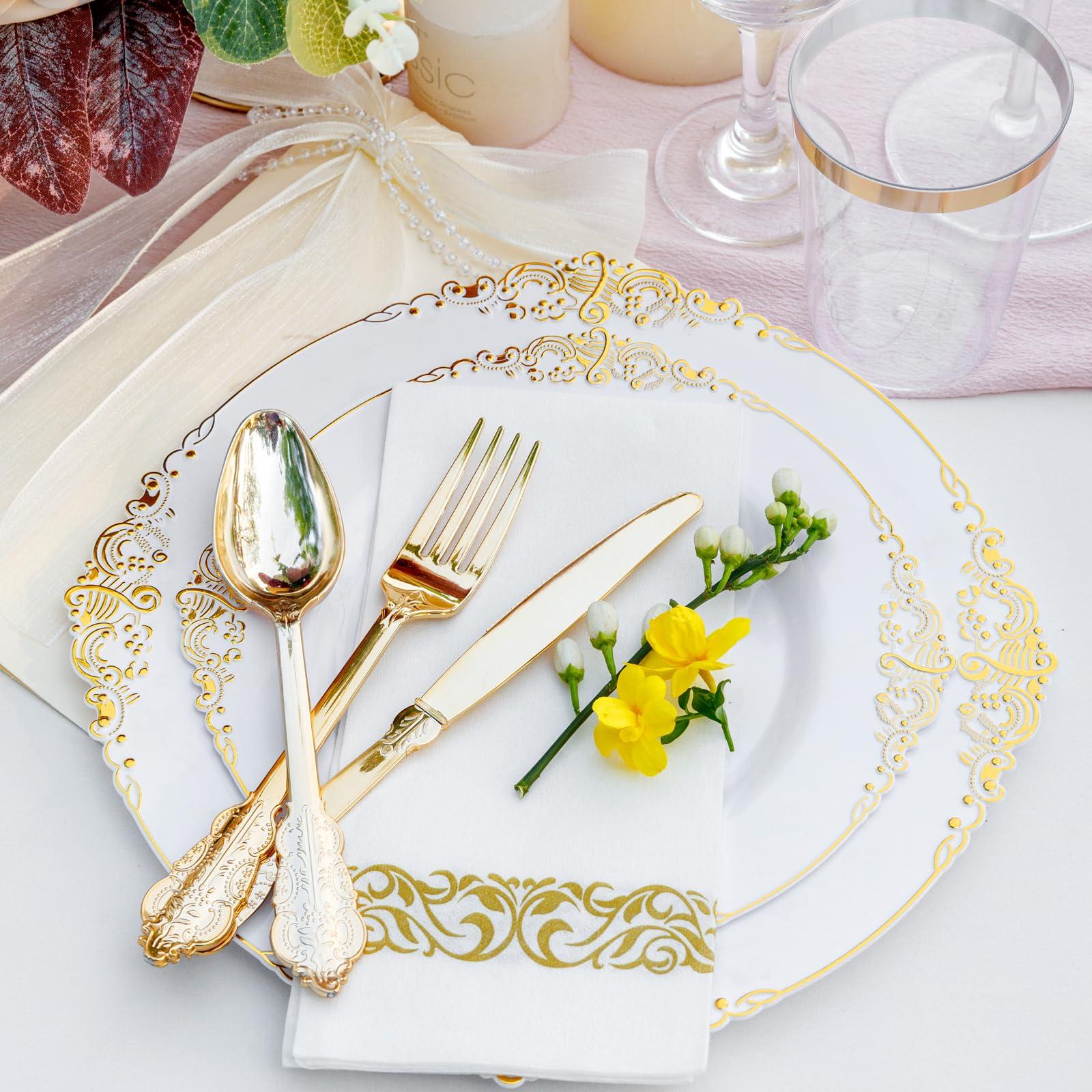 Nervure 350PCS Gold Plastic Plates - Gold Plastic Dinnerware Sets for 50 Guests - 100 Disposable Plates, 150 Silverware, 50 Cups, 50 Napkins for Wedding & Party & Graduation - Image 2