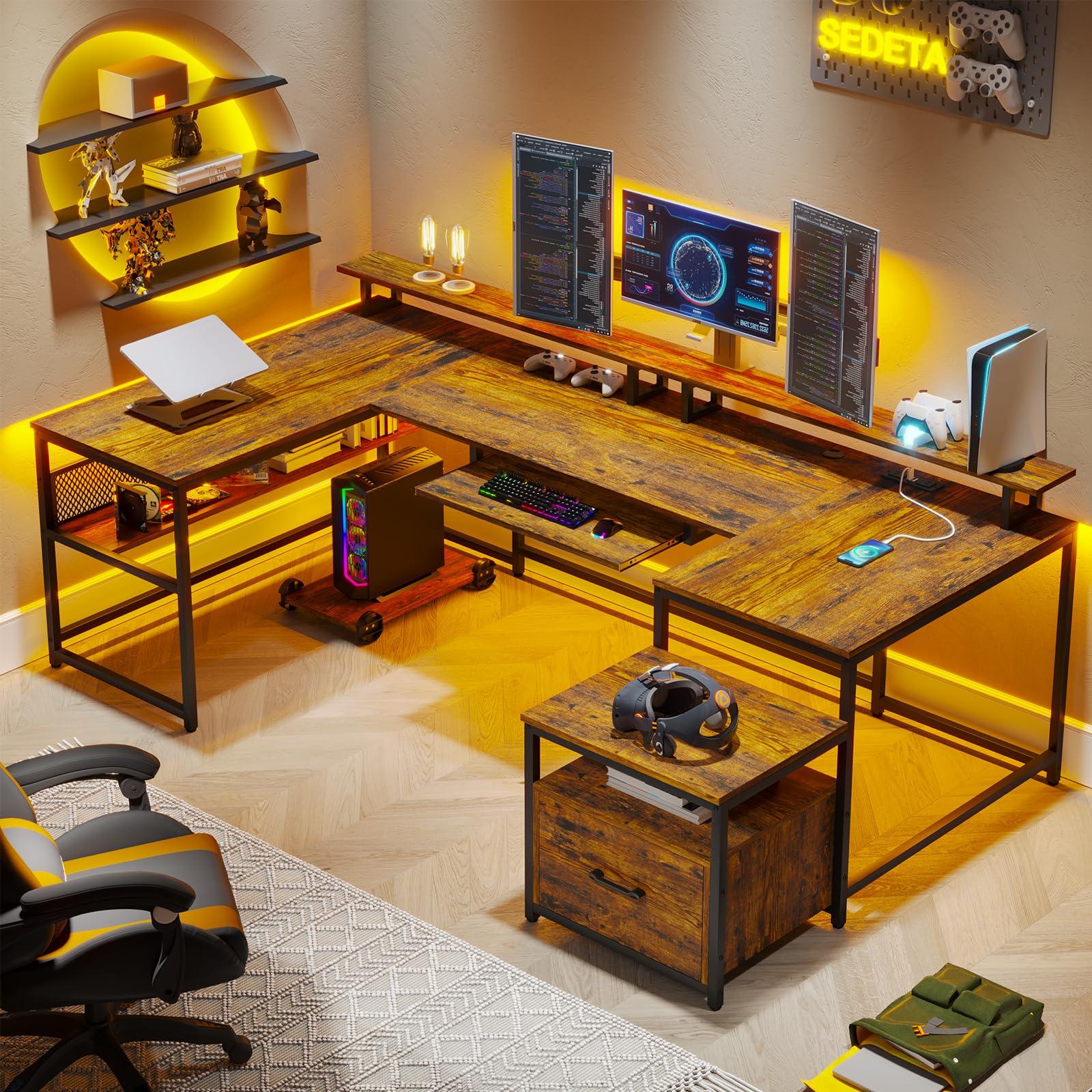 SEDETA U Shaped Desk, Reversible L Shaped Home Office Desk with File Drawer & Power Outlet, 101.5'' Computer Two Person Desk with Monitor Shelf, Keyboard Tray, Gaming Desk, Rustic Brown - Image 5