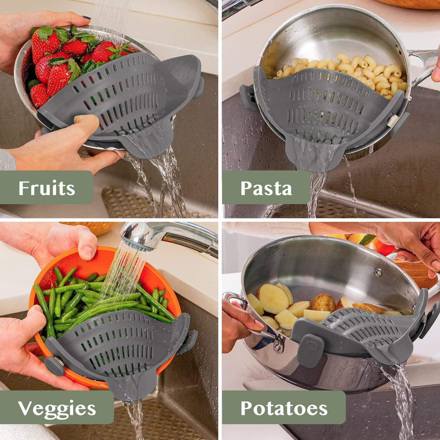 Kitchen Gizmo Snap N' Strain - Silicone Pasta Strainer Clip-On for Pots and Pans - Heat Resistant Colander for Vegetables and Noodles - Kitchen Gadgets for Home Cooking - Space-Saving Design - Gray - Image 8