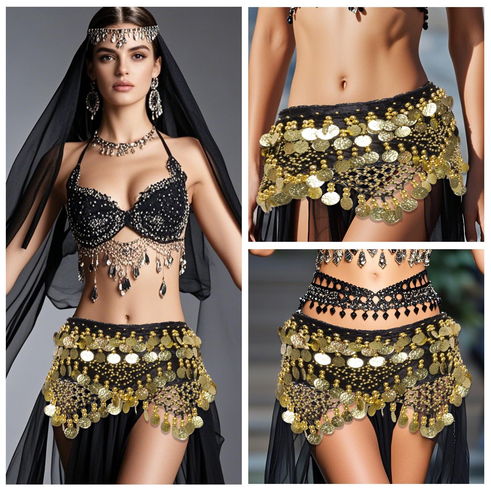 Avxzbef Belly Dance Hip Scarf Coins Fringe Skirt Coin Sash Costume with Golden Coins for Women - Image 7
