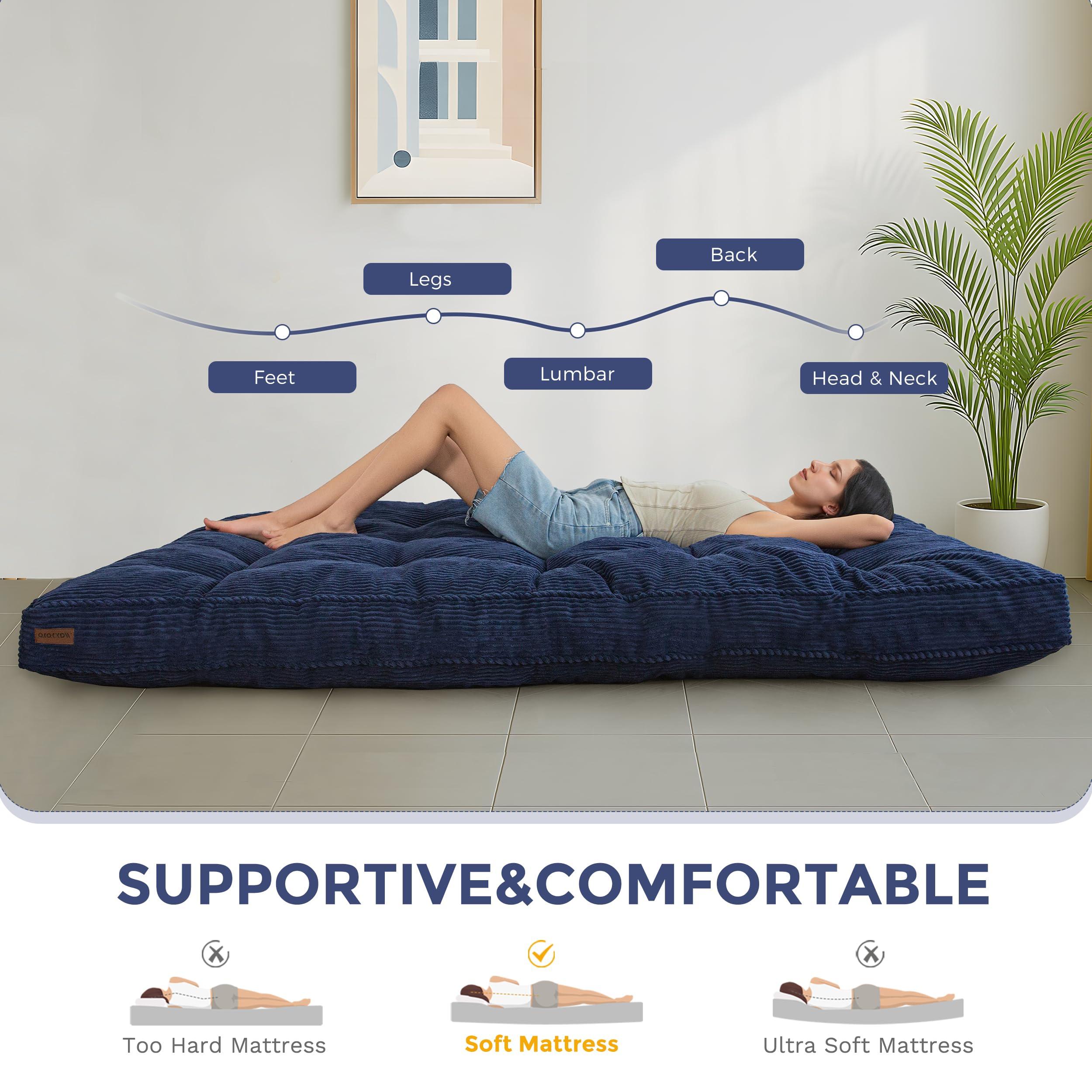 MAXYOYO 6" Futon Mattress Full Size, Tufted Futons Sofa Couch Bed with Twisted Rope Design Edging, Thick Corded Fabric Floor Mattress for Adults, Shredded Foam Filling (Frame Not Included), Navy - Image 8