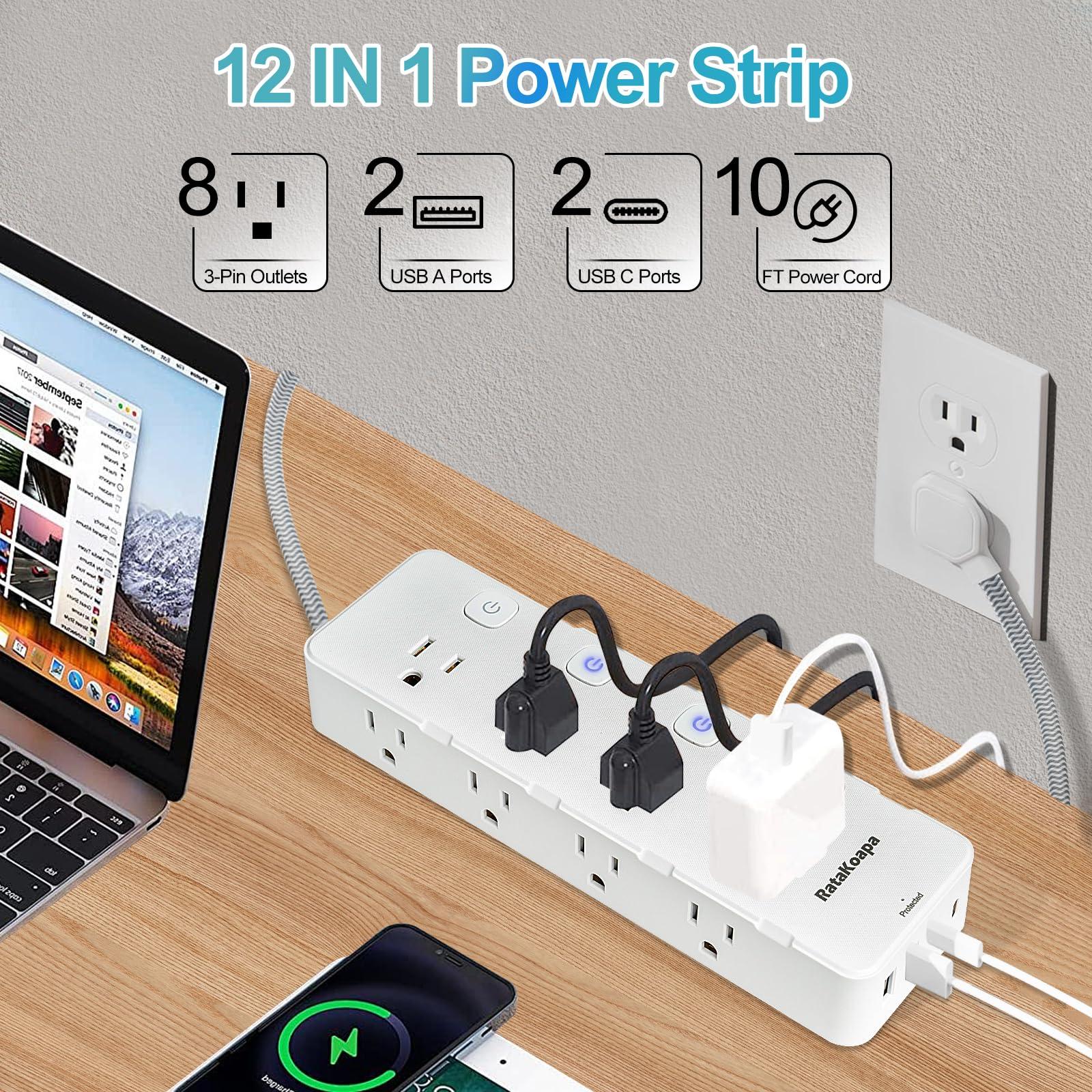 10 Ft Surge Protector Power Strip - 8 Widely AC Outlet 4 USB Ports(2 USB C), Flat Plug Extension Cord with Multiple Outlets, Individual Switches, Desk Extender for Dorm, Home, Office Essentials, 1400J - Image 2