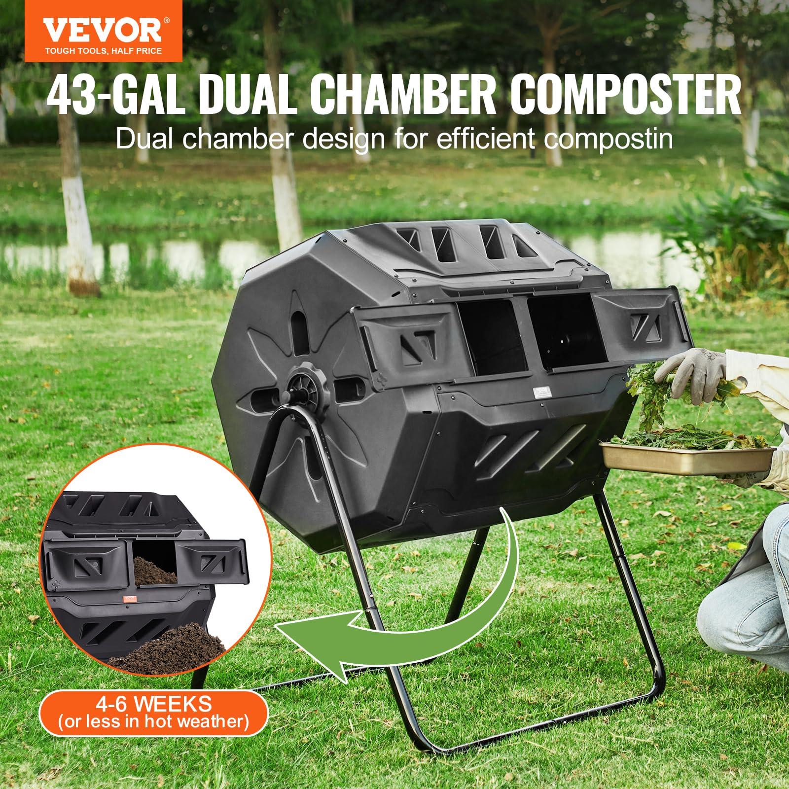 VEVOR Compost Bin, 43-Gal Dual Chamber Composting Tumbler, Large Tumbling Rotating Composter with 2 Sliding Doors and Steel Frame, BPA Free Composter Bin Tumbler for Garden, Kitchen, Yard, Outdoor - Image 2