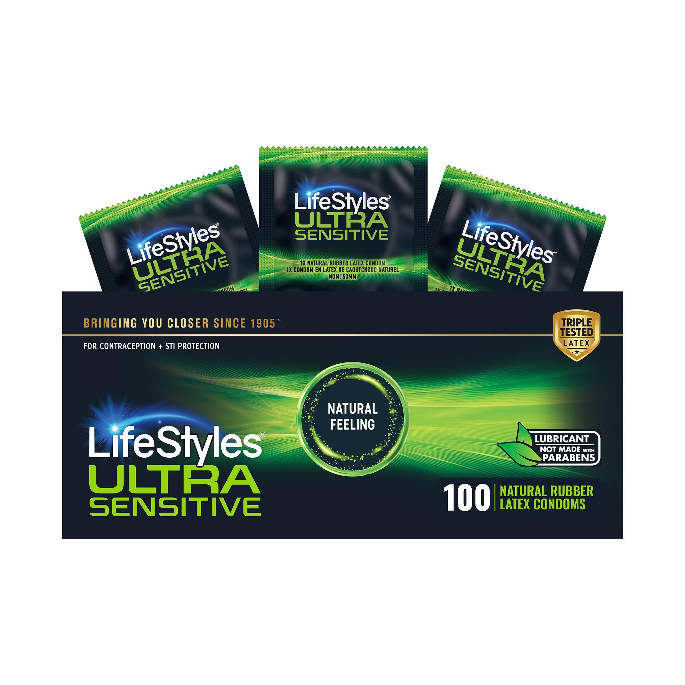 LifeStyles Ultra Sensitive Premium Lubricated Natural Latex Condoms Value Pack - 100 Count, 1 Pack - Triple Tested for Best Protection, Made with UltraGlide Silicone Lube