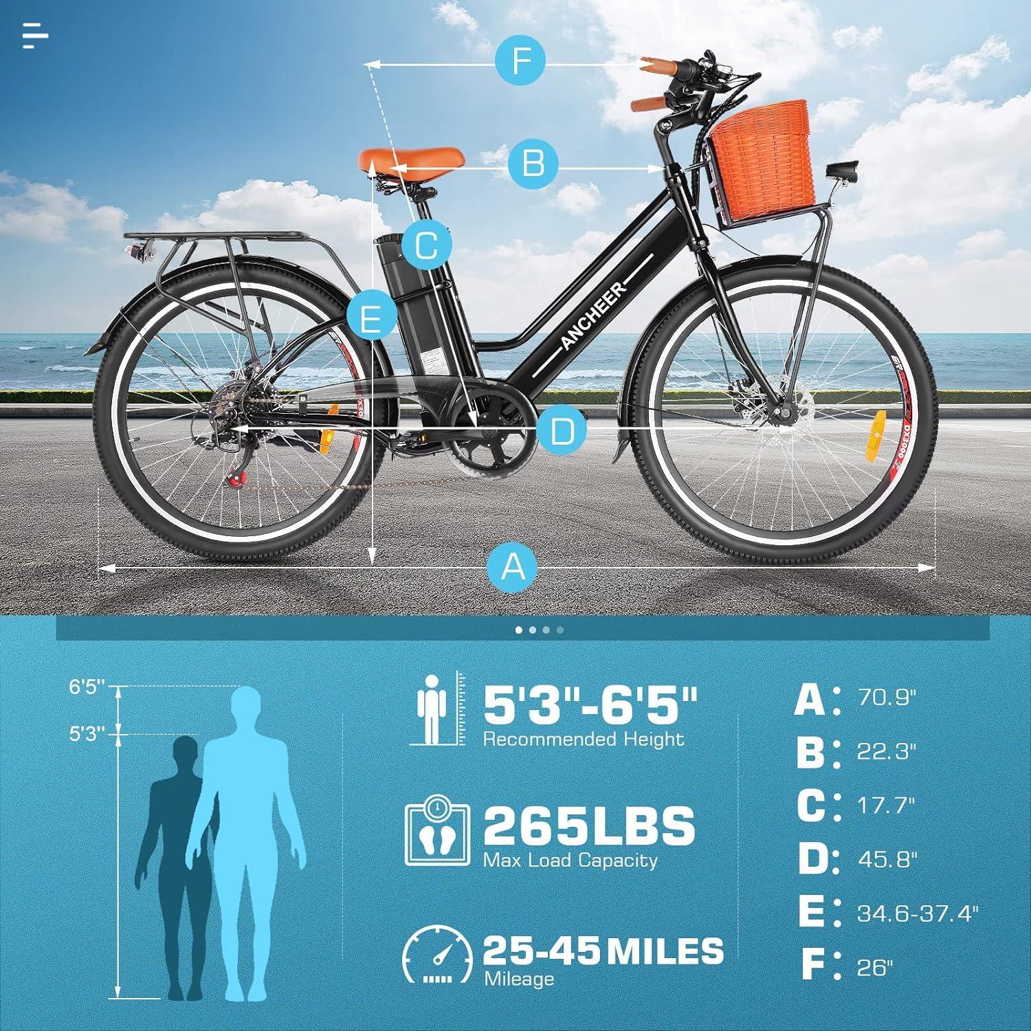 ANCHEER 26'' Electric Bike for Adults, Peak 750W Low Frame Electric City Bike with 48V/374Wh Battery, Up to 50Miles Step Through Commuter Ebike/Electric Bicycle with Basket, LCD Display - Image 7