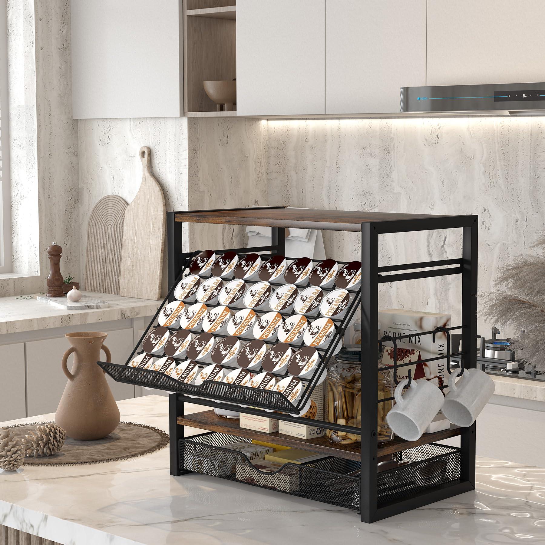 TQVAI Coffee Bar Station Organizer for Countertop, 70 Capsule K Cup Holder with Mugs Hooks, Pull Out Coffee Pod Organizer for Syrup Pack, Tea Bag, Bean, Black - Image 2