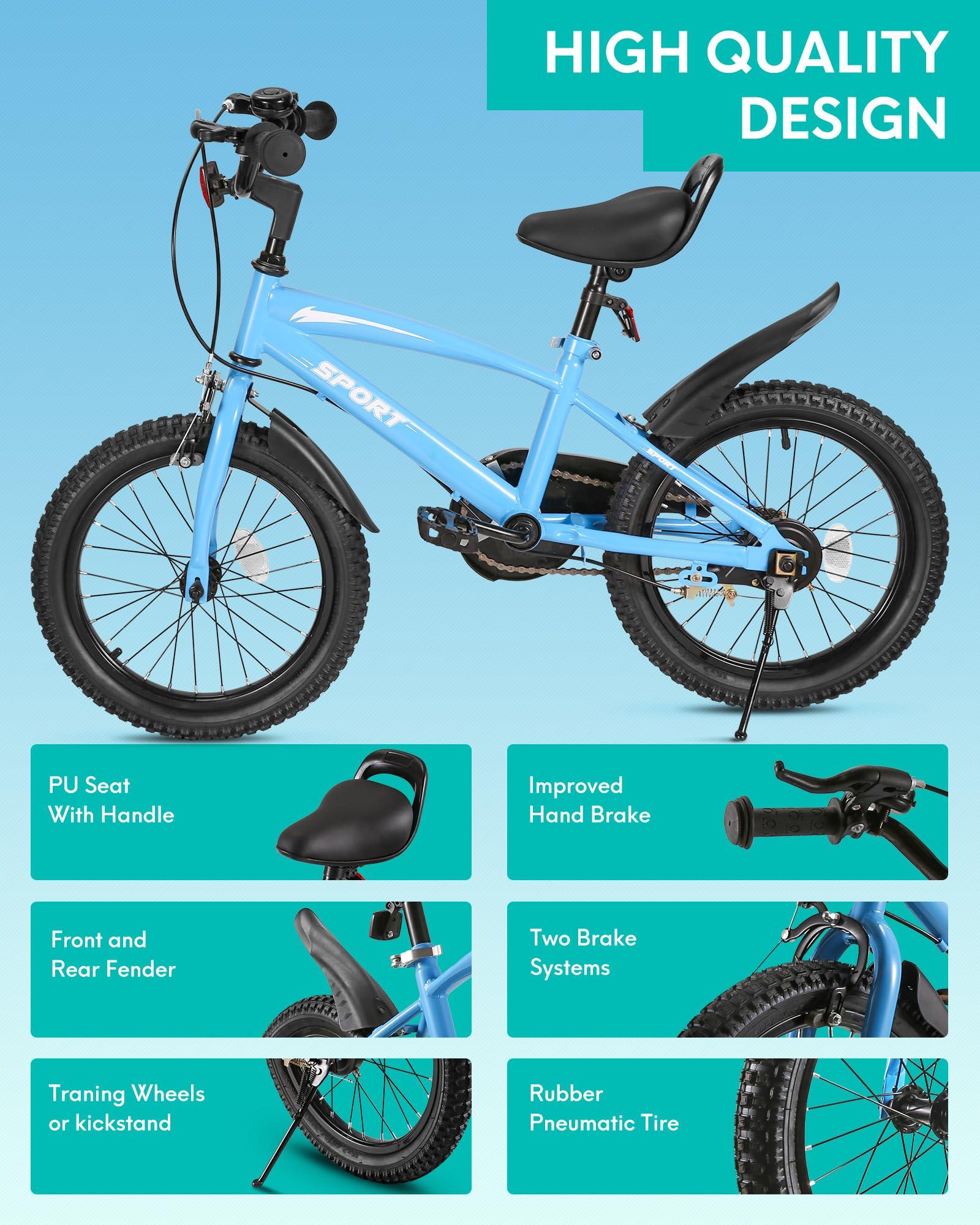 BODIOO Kids Bike for Boys Girls 16 Inches Kid Bicycle with Kickstand Training Wheels Sturdy Frame Adjustable Seat Handbrake and Coaster Brake Bell for Rider Height 41 to 46 Inch - Image 4