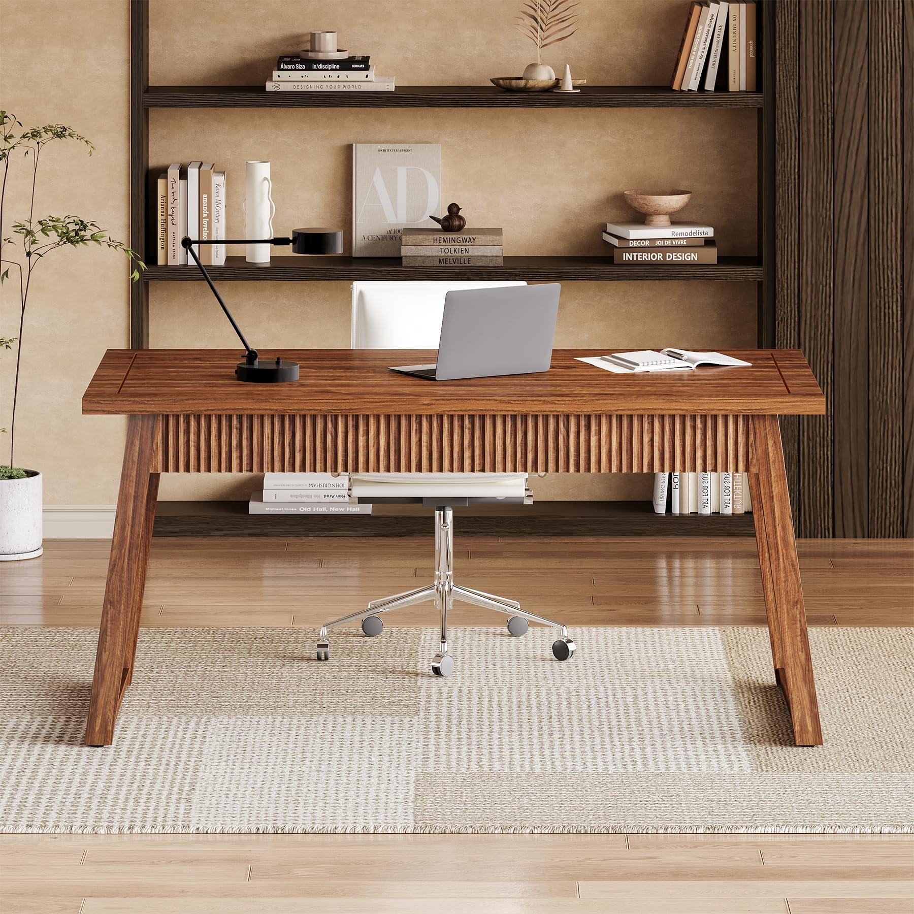 LITTLE TREE 55-Inch Home Office Desk with Drawer, Modern Minimalist Style Wooden Simple Study Writing Table, Mid-Century Log Executive Desk, Computer Desk, PC Laptop Desk Workstation, Walnut Brown - Image 6