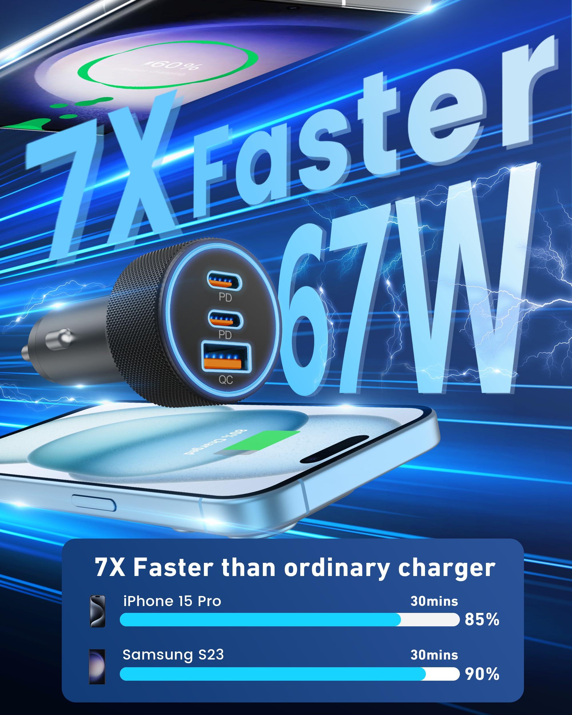 USB C Car Charger, 3-Port 67W Dual USB-C & USB-A Car Power Adapter PD/QC Fast Charging Cigarette Lighter for iPhone 16/15/14/13/12/11/Pro Max, iPad, Samsung Galaxy S25 S24/S23/S22/S21, Pixel, Android - Image 2