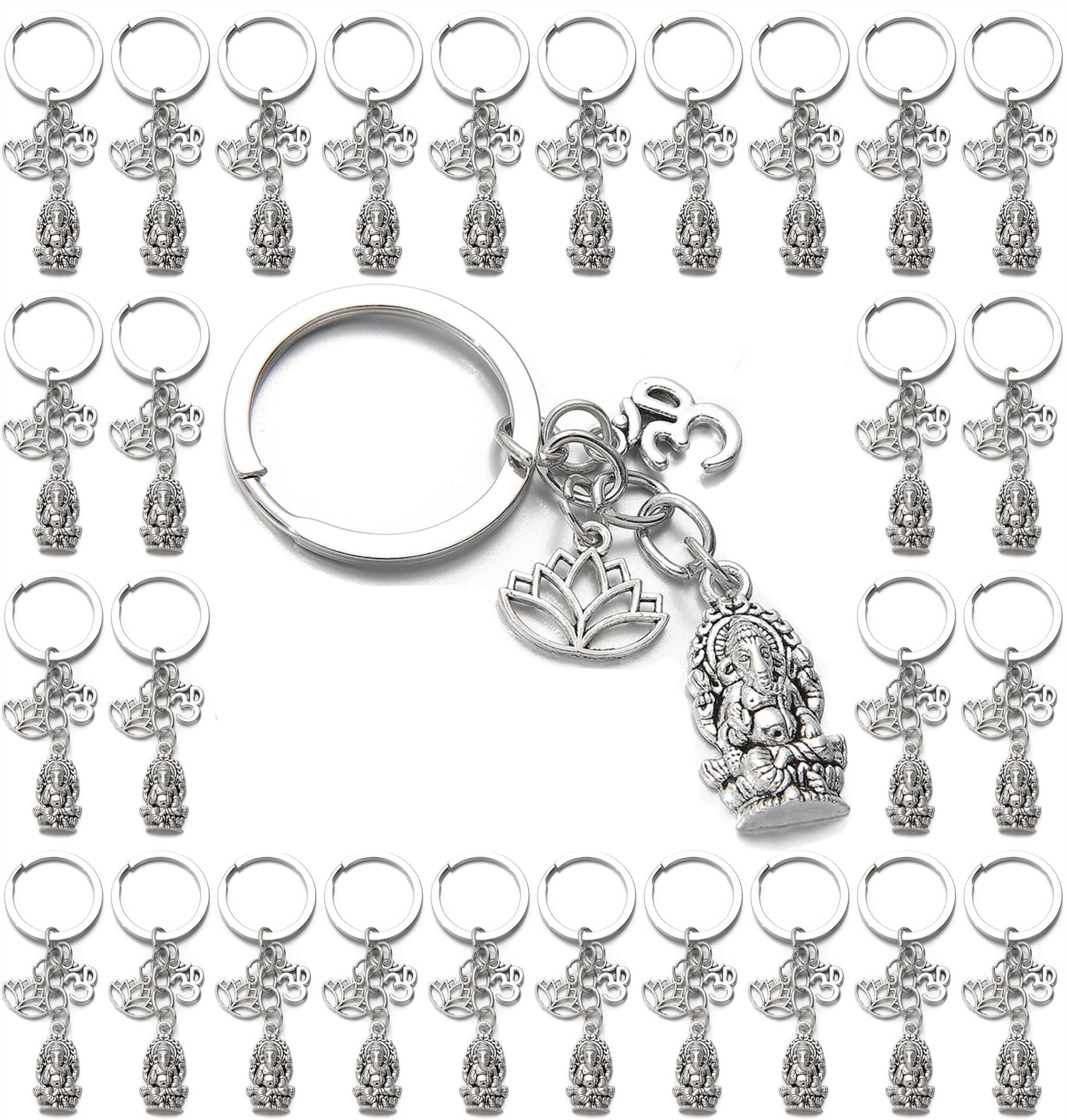 PHAETON 20PCS Ganesha Keychain with Lotus Charm Buddha Key Ring Key Holder Buddha Keychain, God Of Wealth Elephant Keychain for Festive Occasions, 3.18inch, Silver