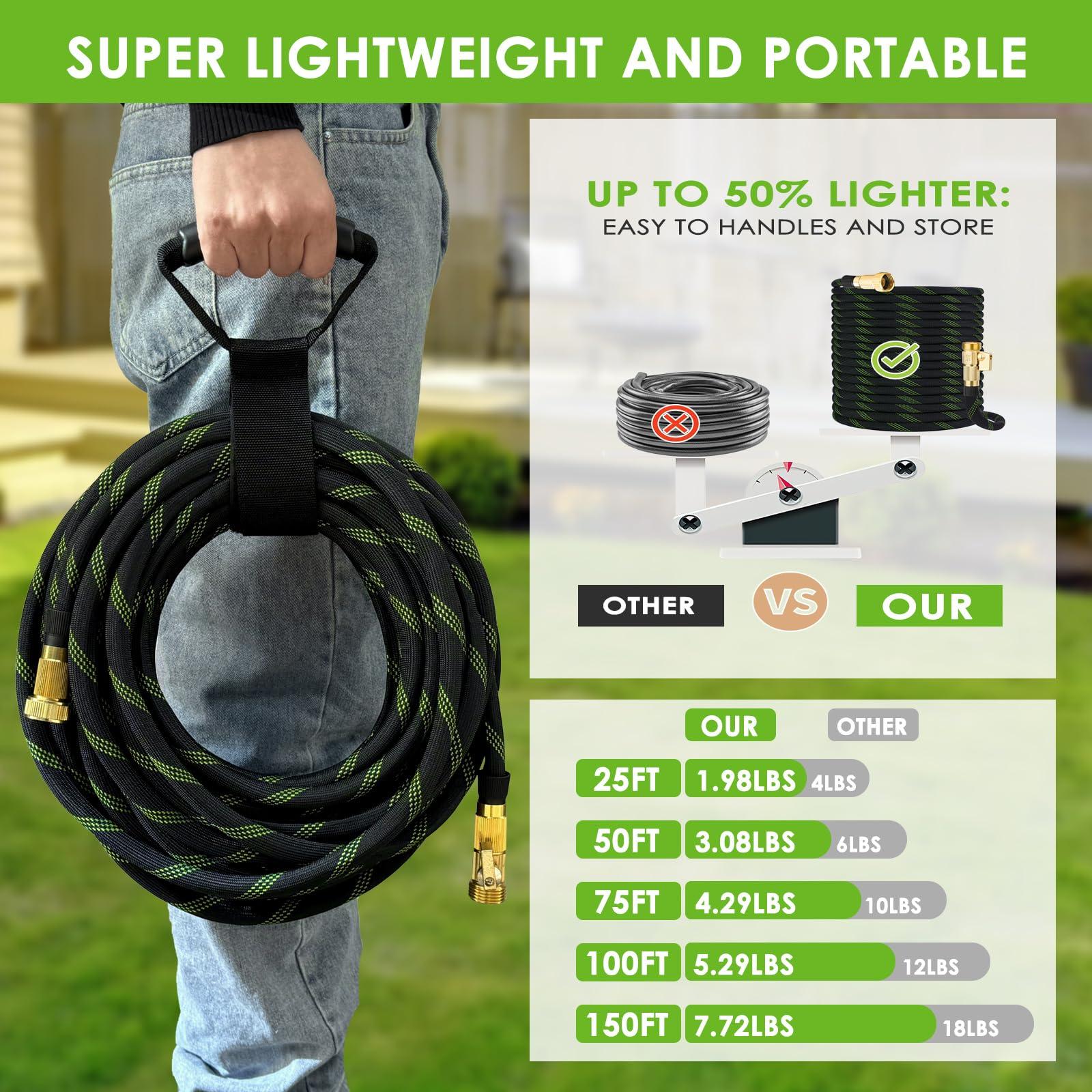 FlexiSolve Garden Hose 100 ft, NON-EXPANDABLE Ultra Lightweight & Flexible Water Hose With 10-Pattern Spray Nozzle, Kink-Resistant, Leak-Proof, 3750D High-Density Fabric & Shut-Off Valve, Hose Straps - Image 4