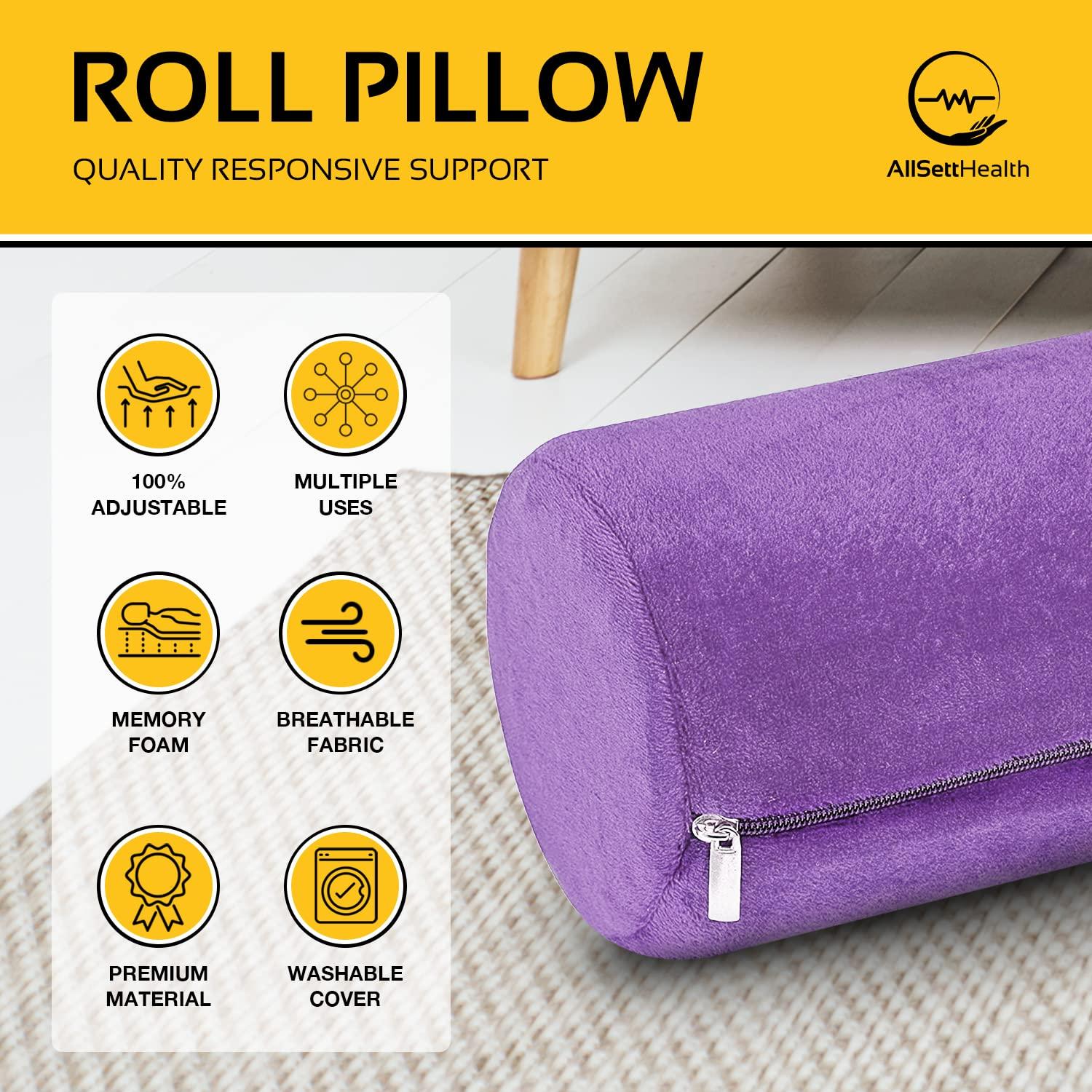 AllSett Health Cervical Neck Roll Memory Foam Pillow, Bolster Pillow, Round Neck Pillows Support for Sleeping | Bolster Pillow for Bed, Legs, Back and Yoga, Purple Washable Cover - Image 3