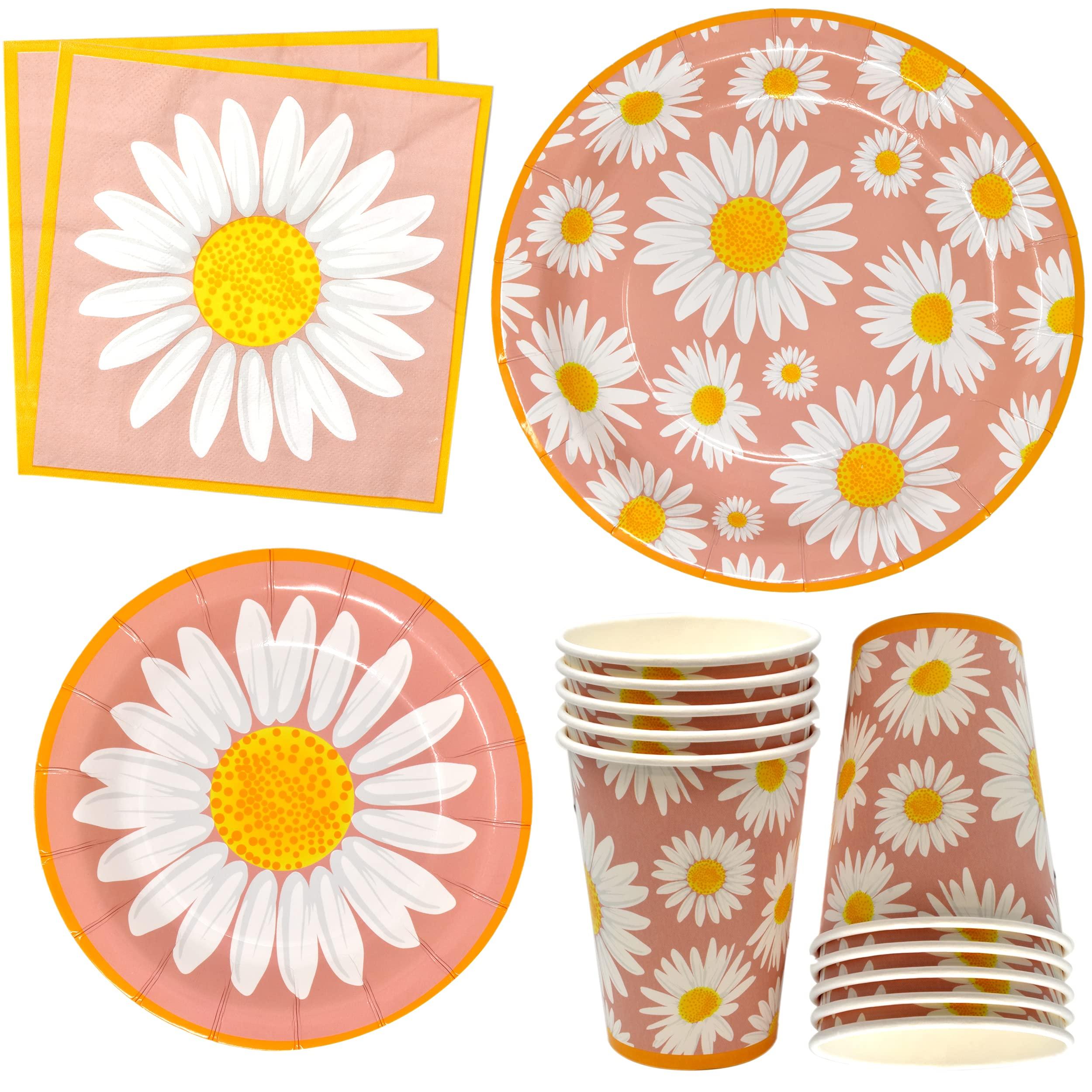 Gift Boutique Daisy Flower Party Supplies Tableware Set 9" 7" Paper Plates Cups Napkins Floral Summer Spring Groovy Birthday Disposable Dinnerware Serves 24