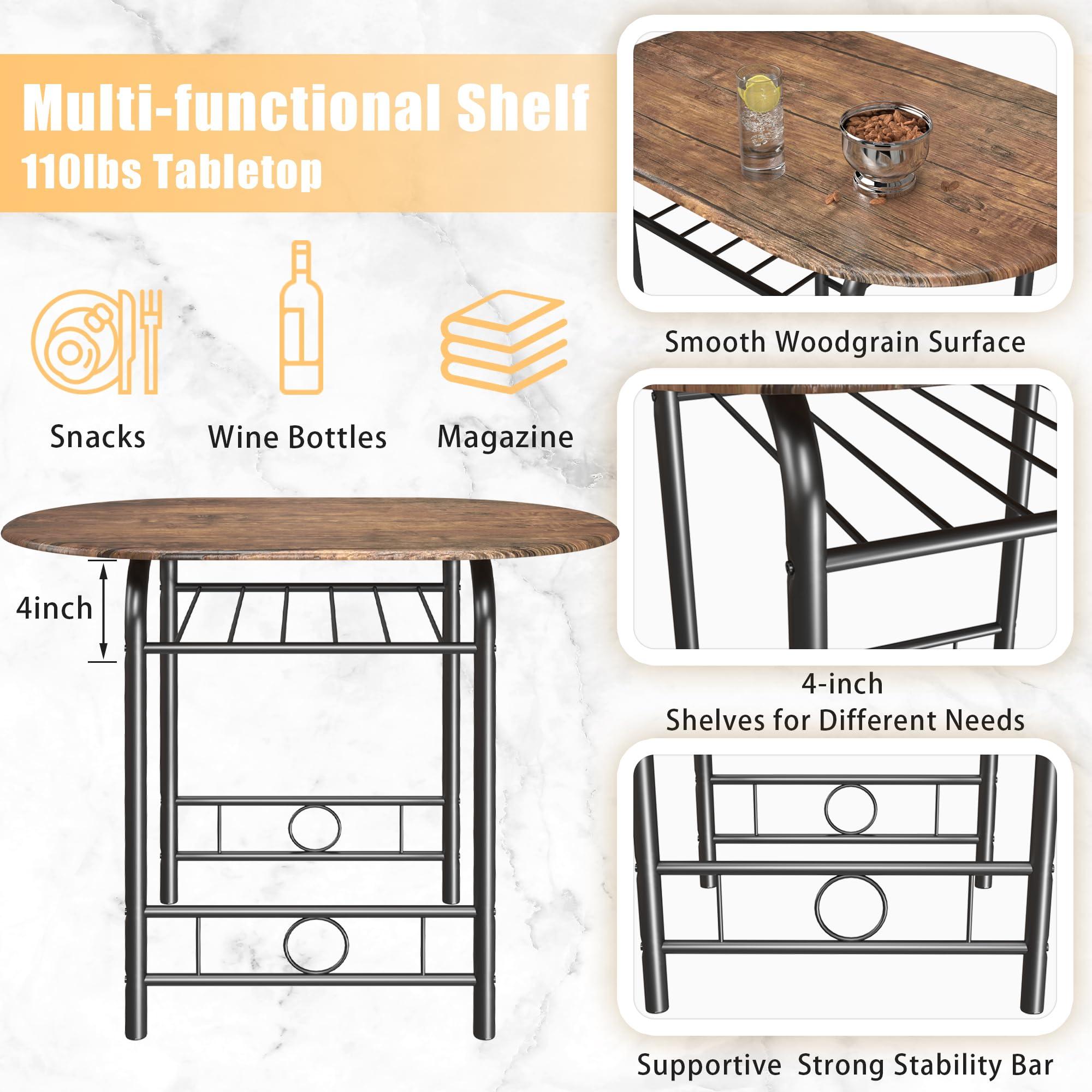 JUMMICO 3-Piece Wooden Round Table & Chair Set, Space Saving Kitchen Breakfast Nook Wood Grain Tabletop with Metal Frame and Built-in Wine Rack for Kitchen, Dining Room (Brown/Black) - Image 5