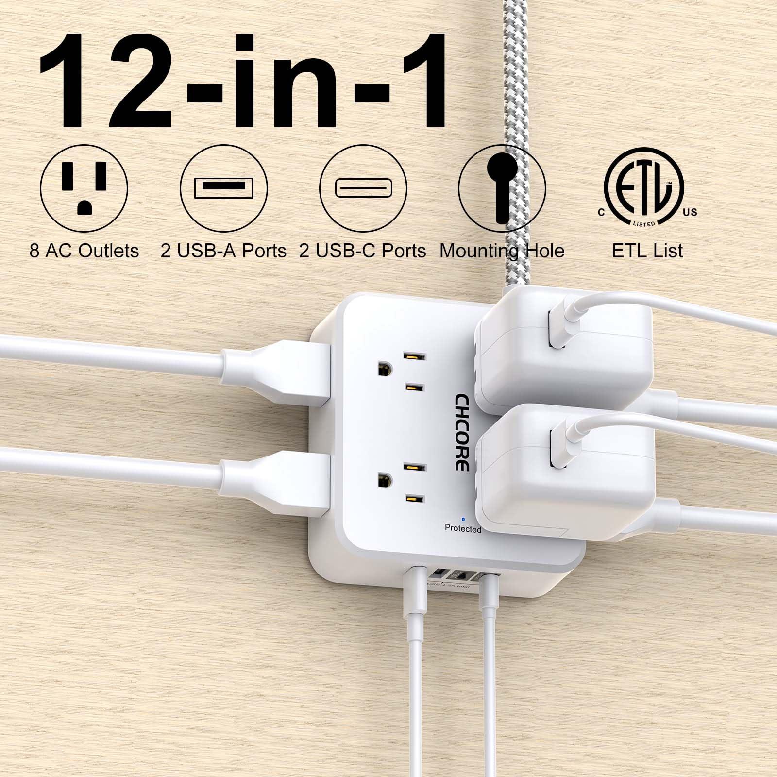 Surge Protector Power Strip - CHCORE 5Ft Braided Extension Cord with 8 Outlets with 4 USB (2 USB C) Charging Ports, Flat Plug Multi Plug Outlet Extender Charging Station for Home Office, ETL, White - Image 2
