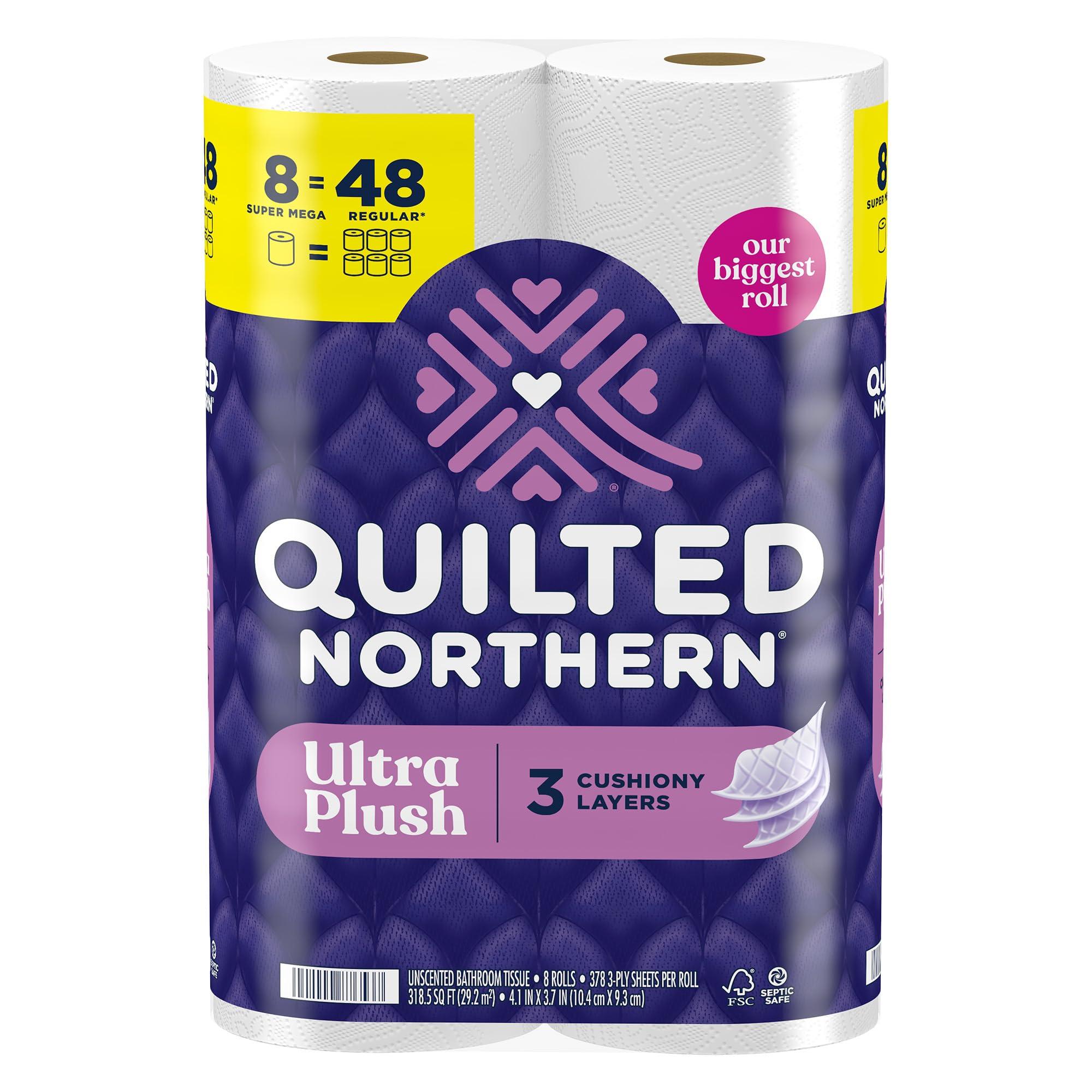 Quilted Northern Ultra Plush Toilet Paper, 8 Super Mega Rolls = 48 Regular Rolls, 3X Thicker*, 3 Ply Soft Toilet Tissue