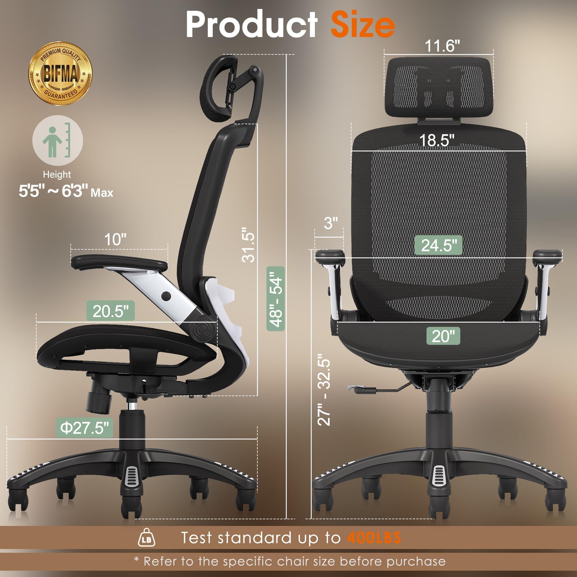 GABRYLLY Ergonomic Office Chair, High Back Home Desk Chair with Headrest, Flip-Up Arms, 90-120° Tilt Lock and Wide Cushion, Big and Tall Mesh Chairs for Man Woman, Black Task Chair - Image 2