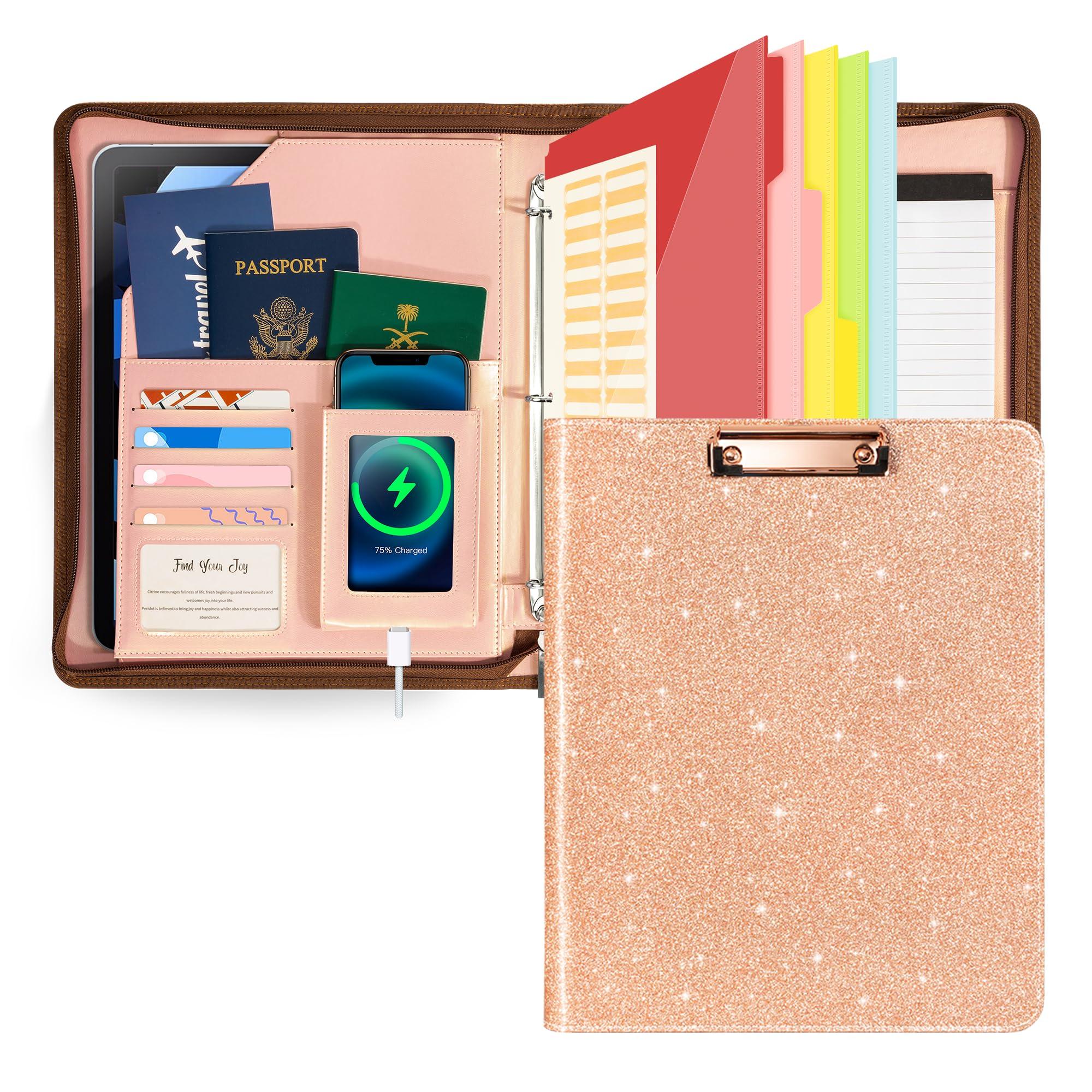 Ospelelf Clipboard with Storage for Men Women, Leather Padfolio Portfolio with Zipper, 1 Inch 3 Ring Binder 5 Dividers, Notepad for Letter Size, Elastic Closure and Pen Loop, Card Slot Rose Gold