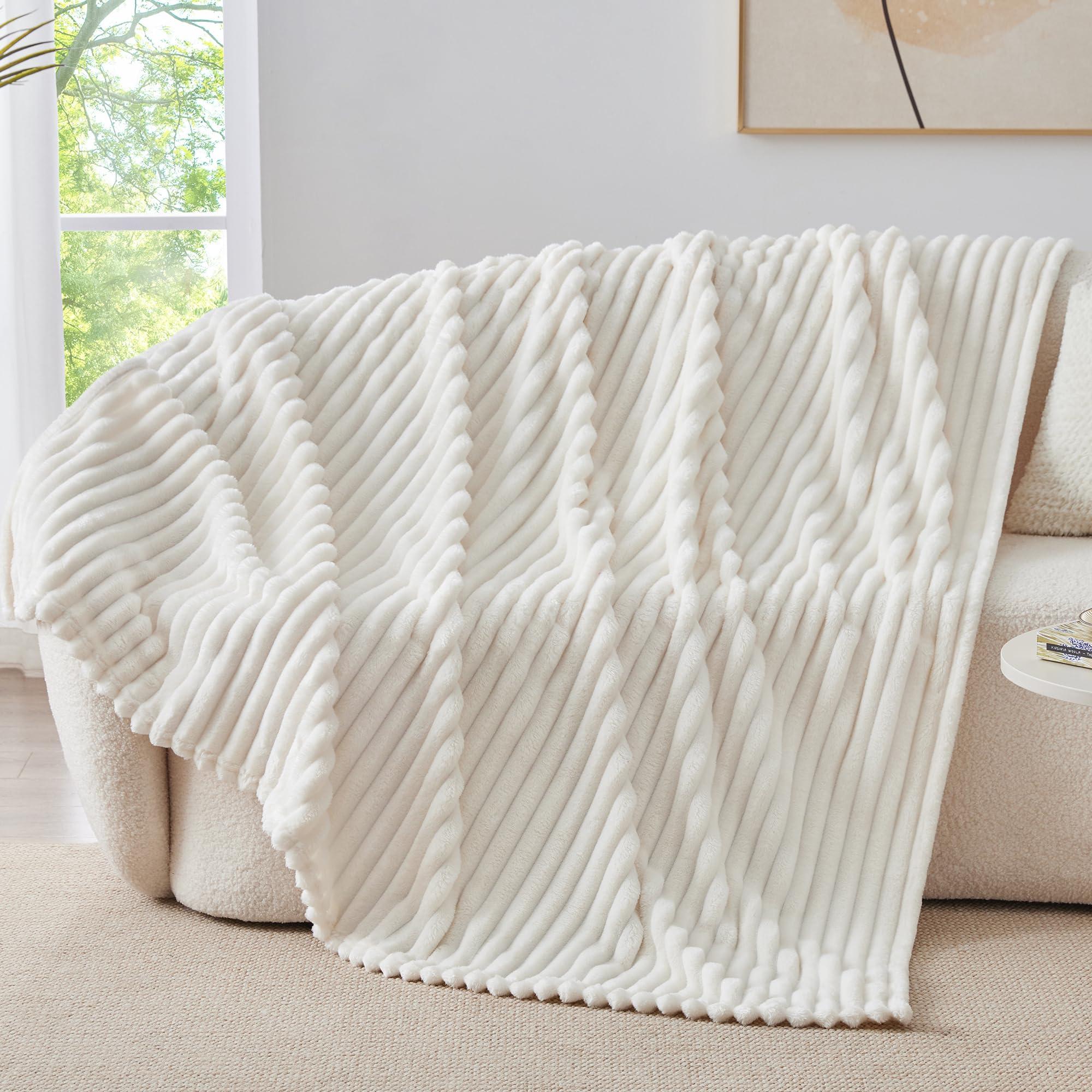 BEDELITE Fleece Throw Blanket for Couch - 300GSM Soft & Warm Fluffy Cream White Blanket, Decorative and Giftable Striped Blankets for Women, Men, 50"x60" - Image 7