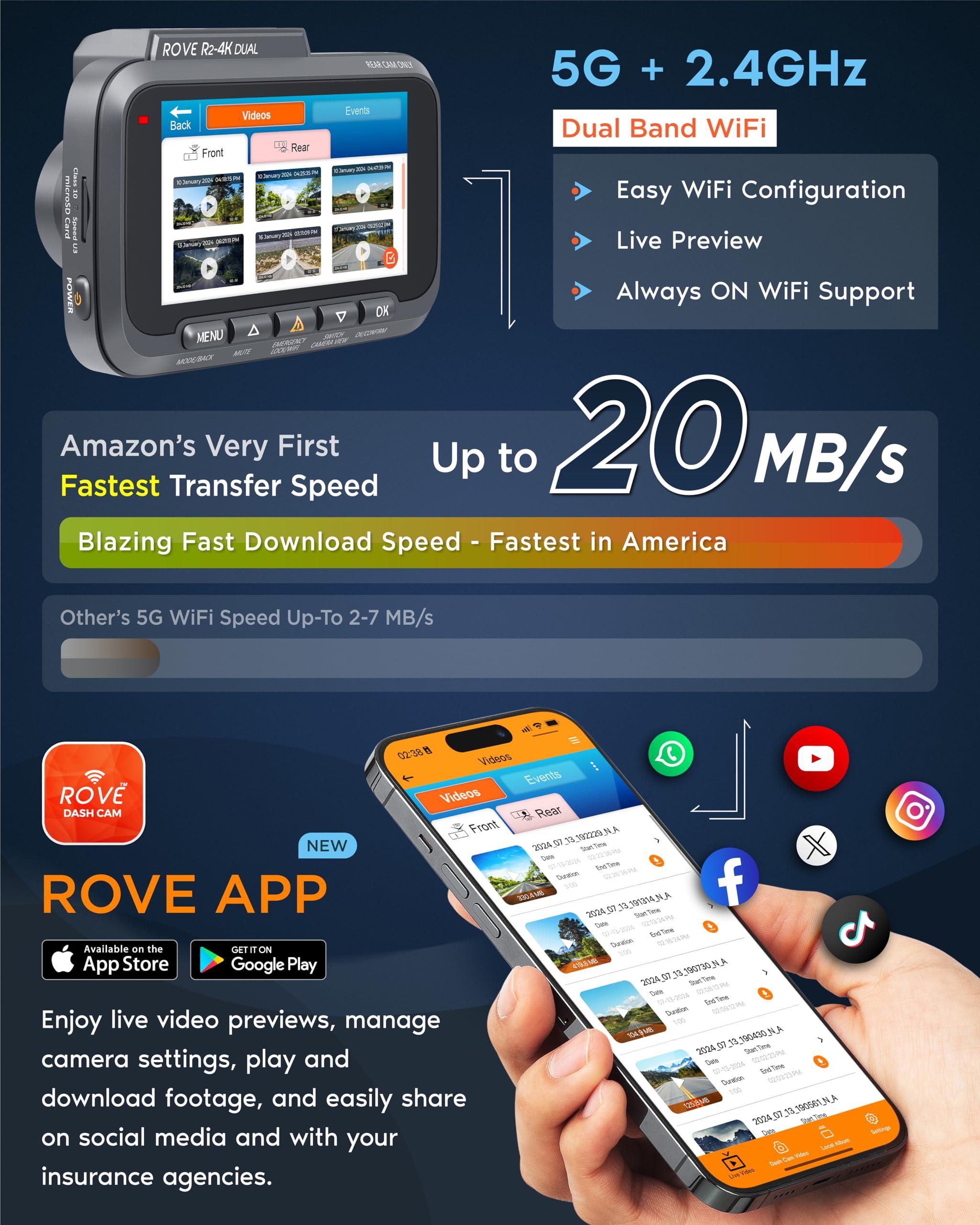 ROVE R2-4K DUAL Dash Cam Front and Rear, STARVIS 2 Sensor, FREE 128GB Card Included, 5G WiFi - up to 20MB/s Fastest Download Speed with App, 4K 2160P/FHD Dash Camera for Cars, 3" IPS, 24H Parking Mode - Image 5