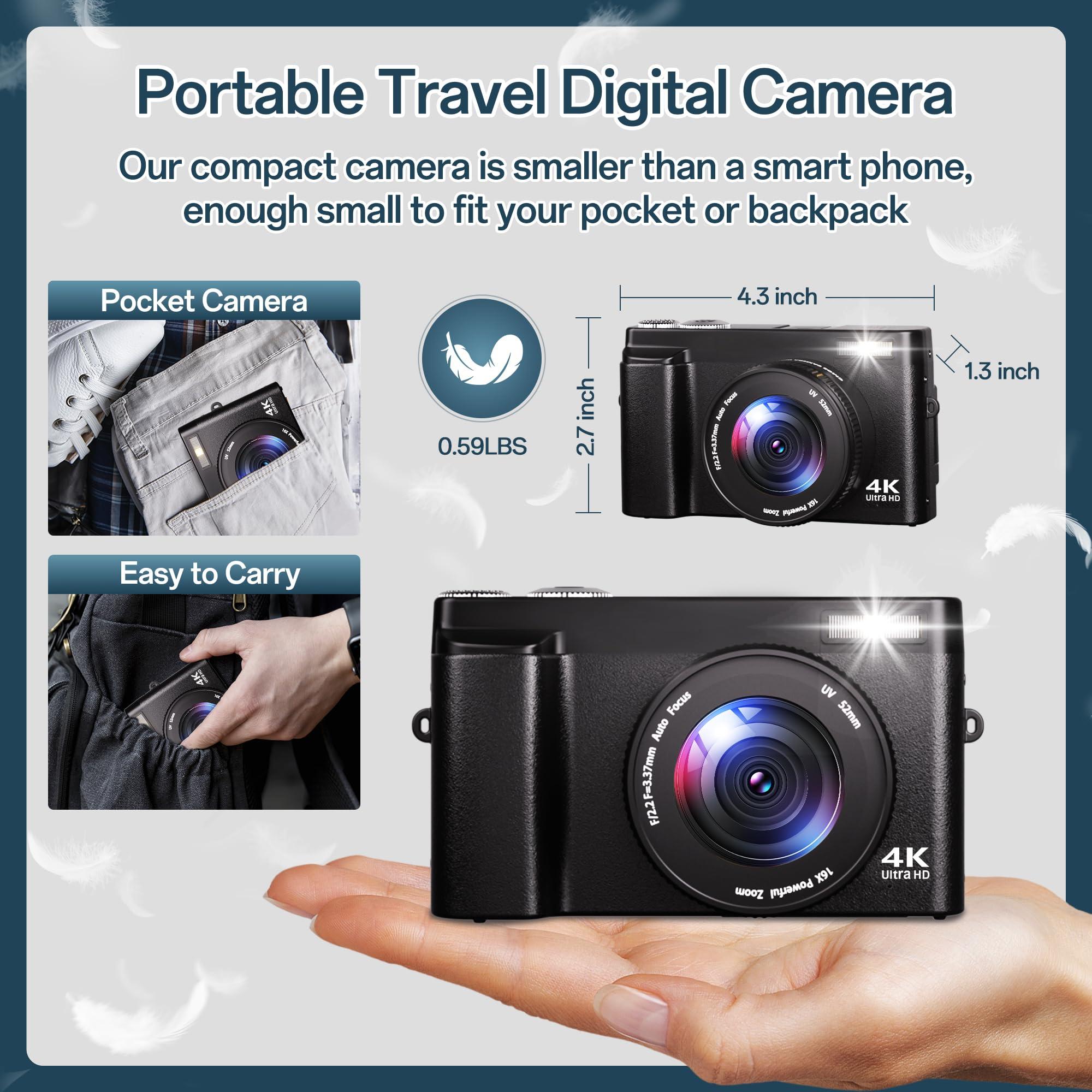 4K Digital Camera for Photography, 48MP Autofocus Vlogging Camera for YouTube with 3'' 180°Flip Screen, 16X Digital Zoom Anti-Shake with SD Card, 2 Batteries & Charging Stand - Image 7
