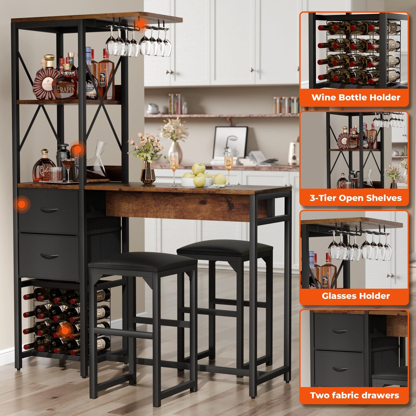 6-Tier Bar Table and Chairs Set, Metal Coffee Bar with Storage Shelves And 2 fabric Drawers, Dining Table Cup Holder & Wine Rack, Kitchen Table Set with PU Leather Cushion Stools for Small Space - Image 5
