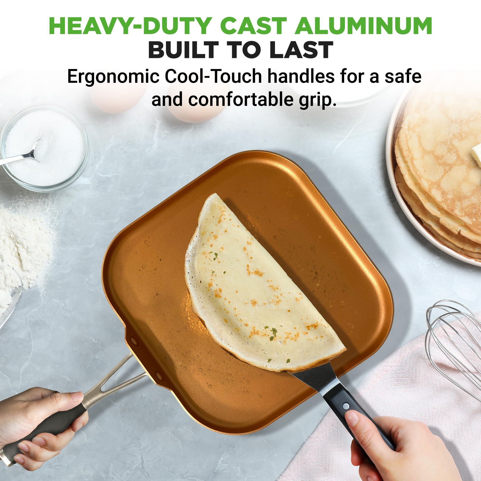NutriChef Copper Pan Non-Stick Coating Inside, Hard-Anodized Look Heat Resistant Lacquer Outside, Silicone Handle NCSQPA, 1 Griddle - Image 4