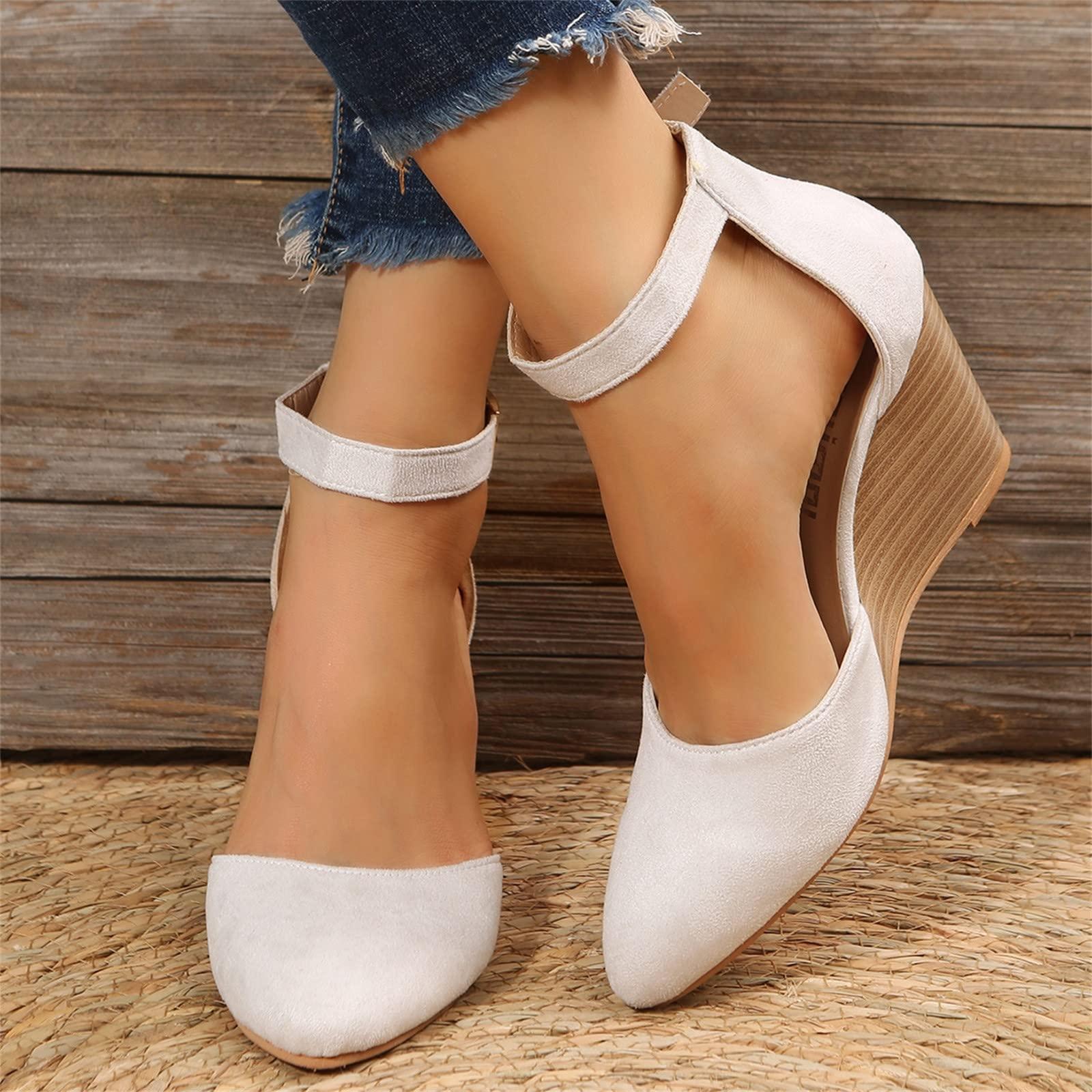 Closed Toe Wedges Heels for Women Dressy Platform Wedge Sandals Ankle Strap Heeled Espadrilles Sandals Ladies Comfortable Cork Summer Dress Shoes for Beach Wedding - Image 2