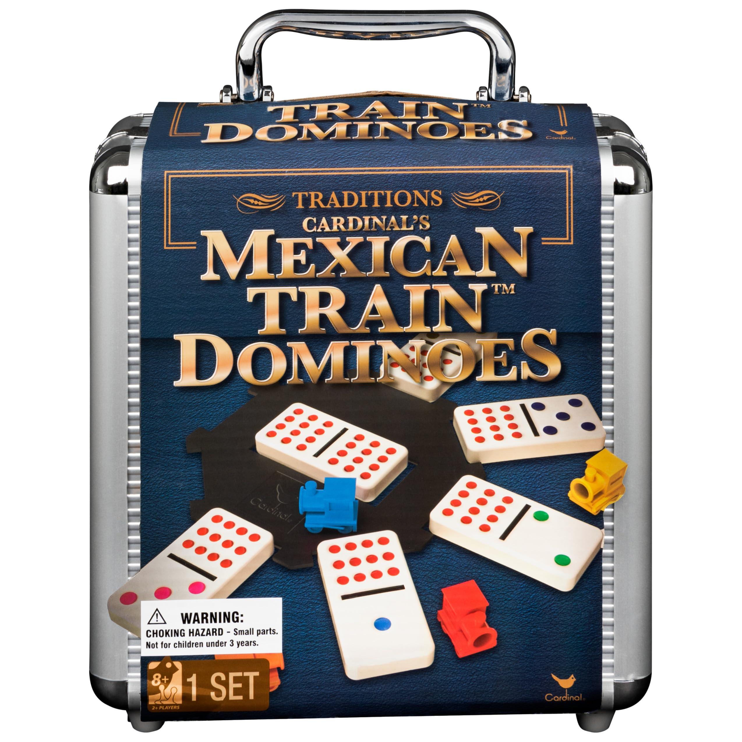 Spin Master Games, Mexican Train Dominoes Set in Aluminum Carry Case, Includes Colorful Trains for Fun-Filled Family Game Night, for Kids & Family, 2-8 Players, for Ages 8 & Up