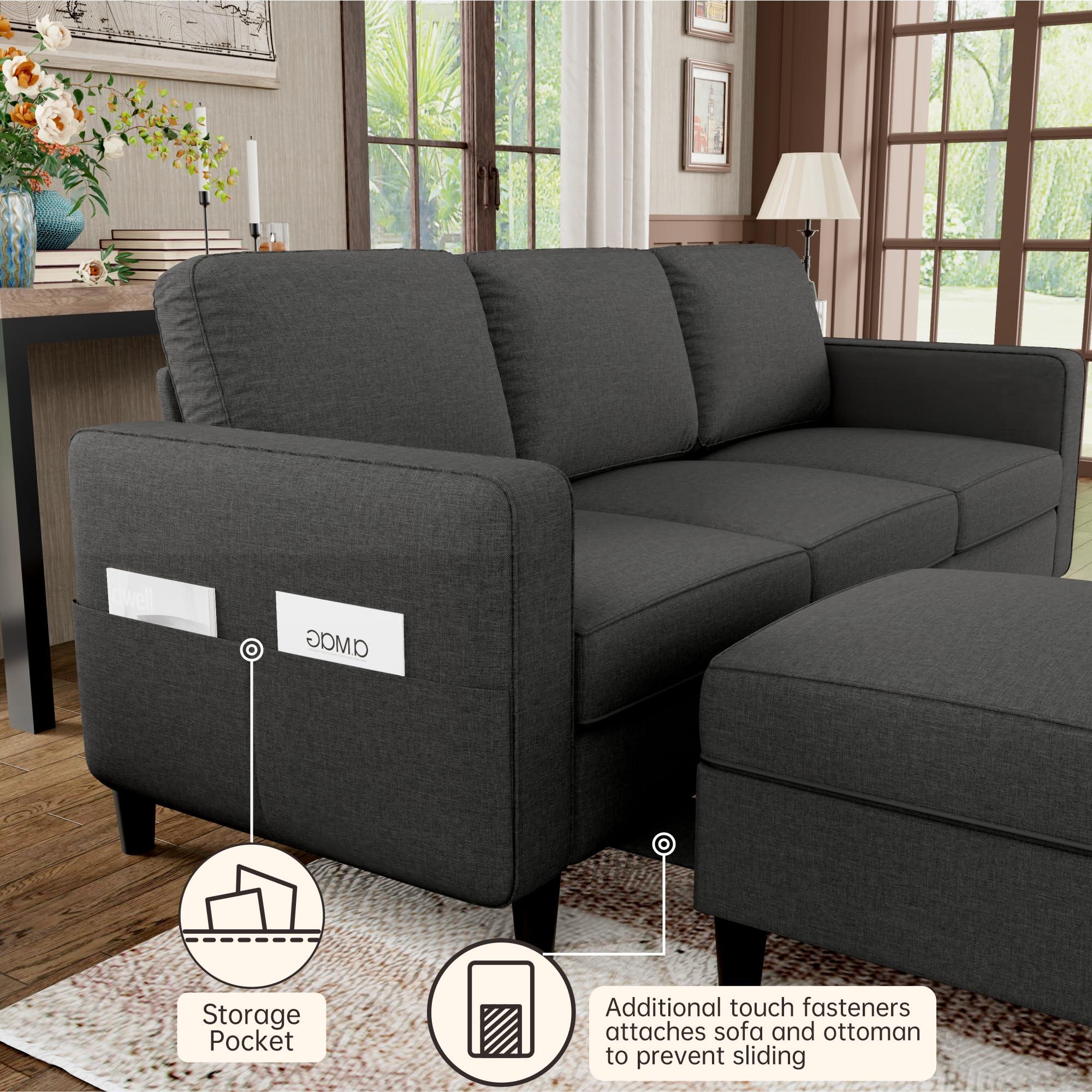 Sectional Sofa Couches for Living Room - Dark Grey 3 Seat L Shaped Couch with Storage Ottoman, Modern Linen Convertible Sectionals Sofas with Reversible Chaise for Apartment, Office, Small Space - Image 5