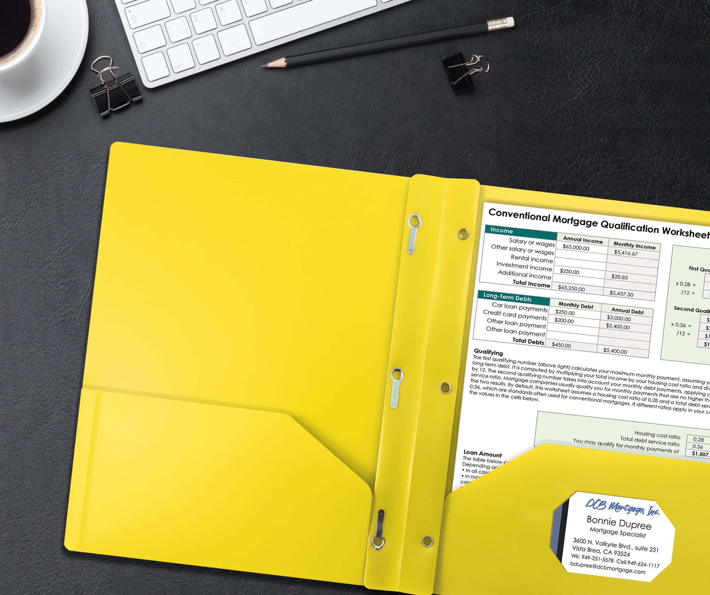 Better Office Products Yellow Plastic 2 Pocket Folders with Prongs, Heavyweight, Letter Size Poly Folders, 24 Pack, with 3 Metal Prongs Fastener Clips, Yellow - Image 3