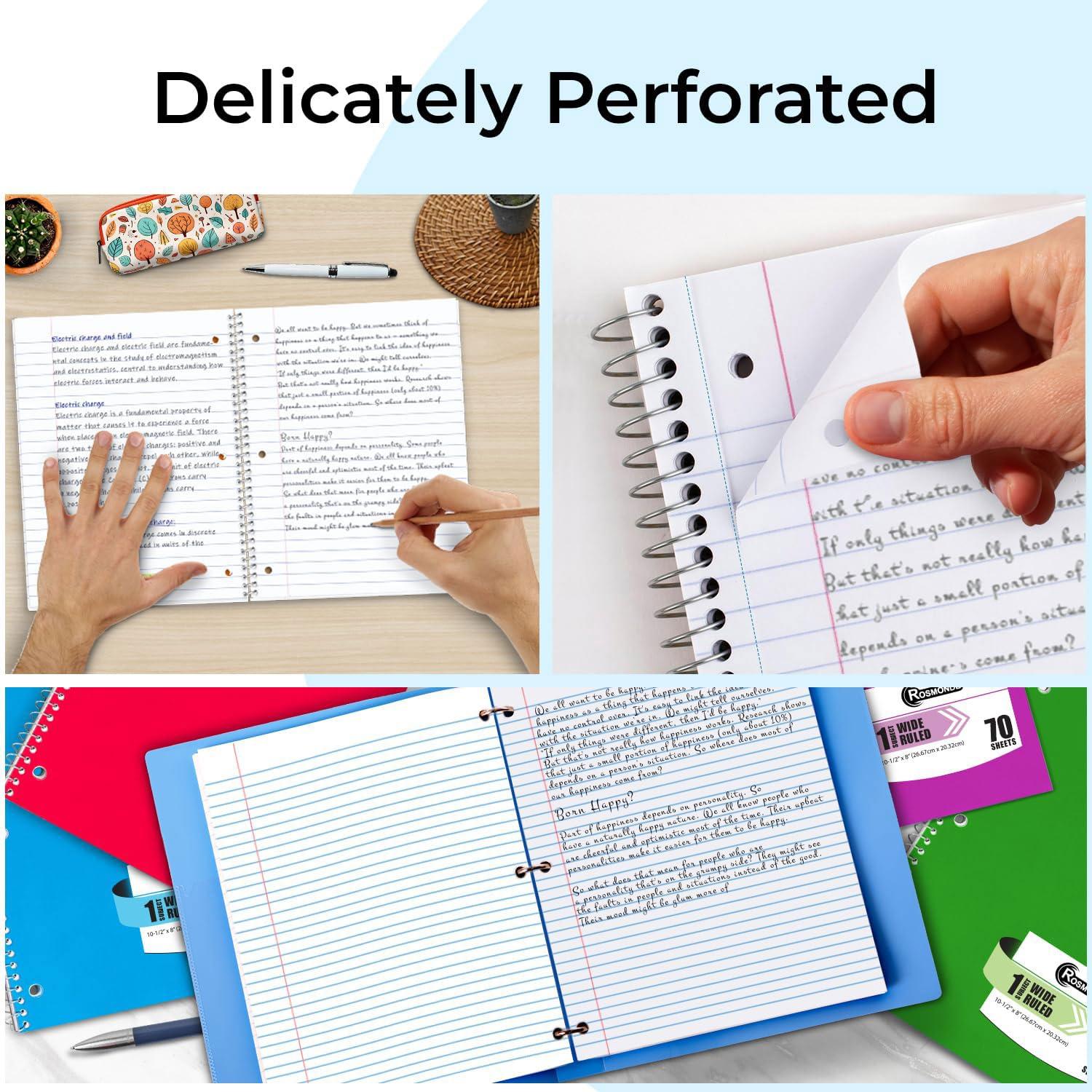 Rosmonde Spiral Notebooks, 12 Pack, 1 Subject Notebook, Wide Ruled, 70 Sheets, 8 x 10-1/2", 3 Hole Punched, School Supplies, Bulk Single Subject Spiral Notebook Bulk, Assorted Colors Pack of Notebooks - Image 4