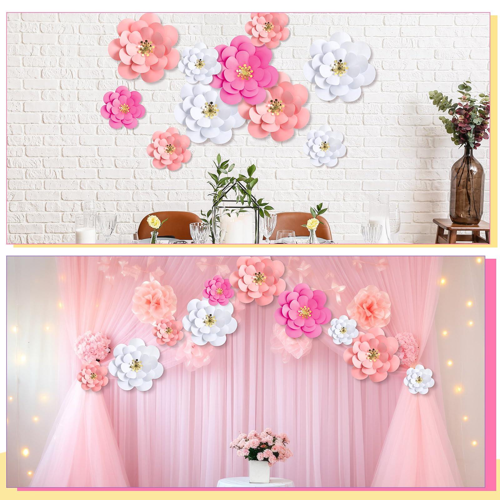 Mooliwe 10 Set Mexican Paper Flowers Decorations for Wall DIY Fiesta Bulletin Board 3D Handcrafted Paper Flowers Backdrop Decoration for Mexican and Holiday Party(Pink White) - Image 2
