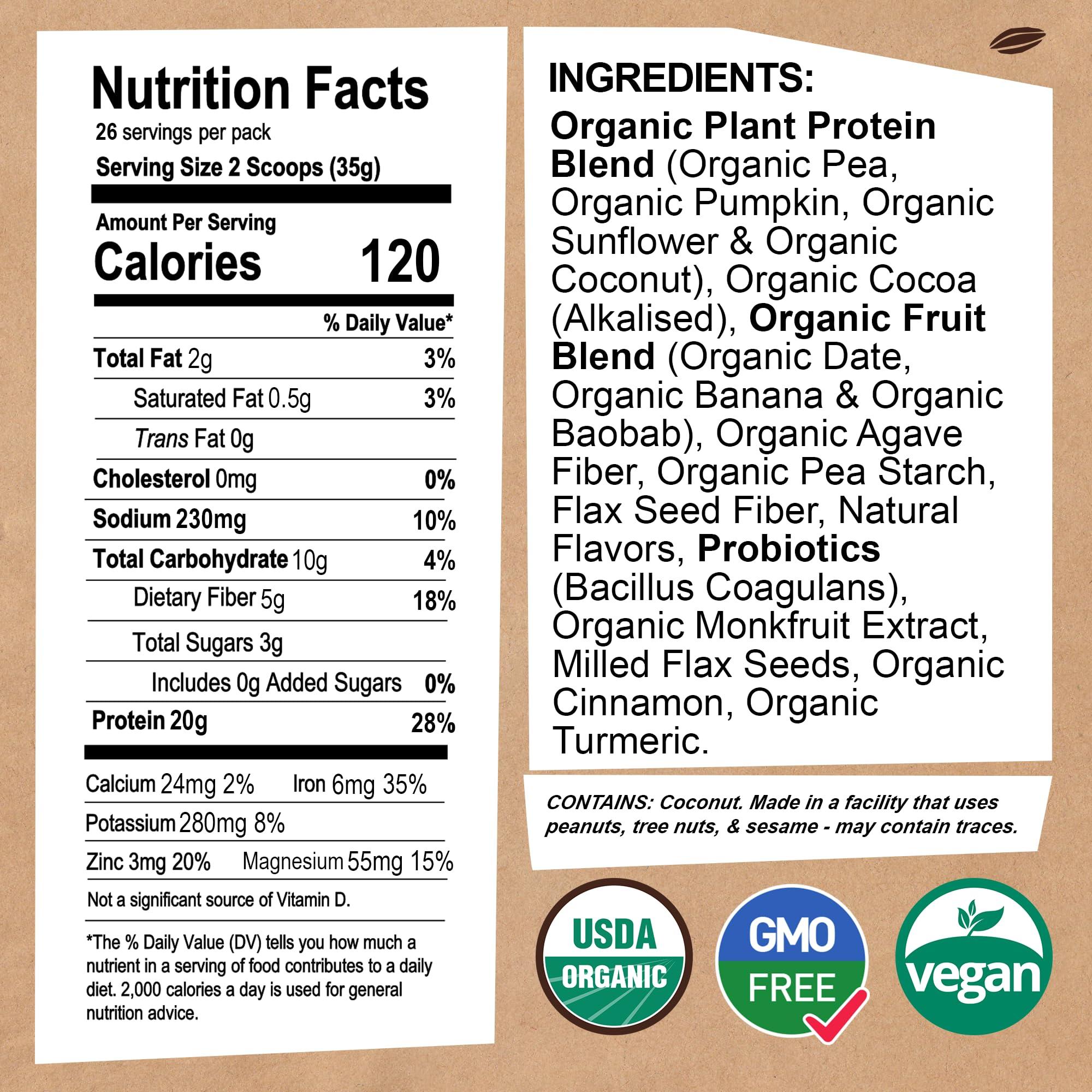 EarthChimp Organic Vegan Protein Powder - with Probiotics - Non GMO, Dairy Free, Non Whey, Plant Based Protein Powder for Women and Men, Gluten Free - 26 Servings 32 Oz (Chocolate) - Image 2
