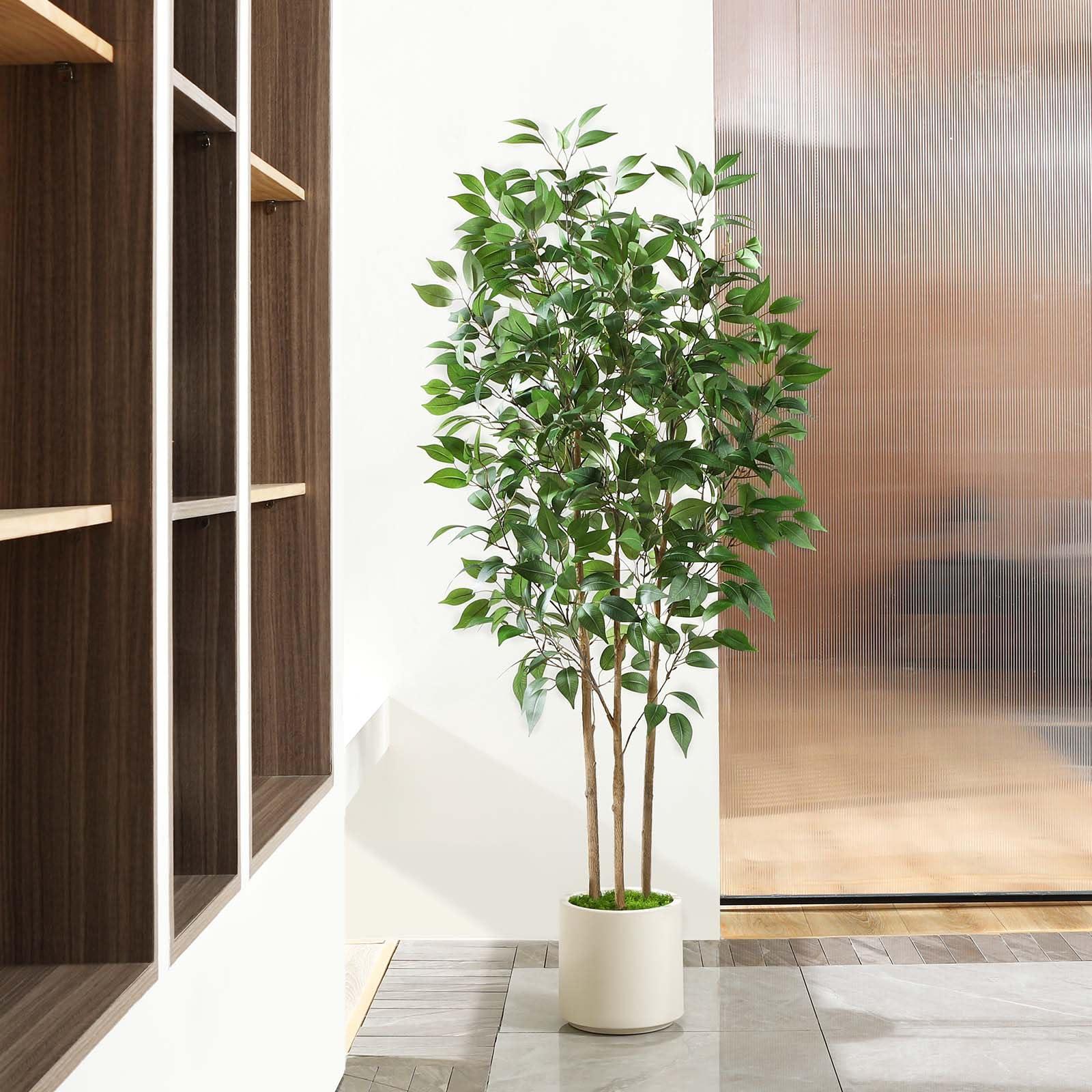 SOGUYI Ficus Artificial Tree 5ft Tall Fake Ficus Tree for Home Decor Indoor Faux Silk Ficus Plant Fake Floor Plant in White Imitation Ceramic Planter with Green Fake Moss, Set of 1 - Image 7
