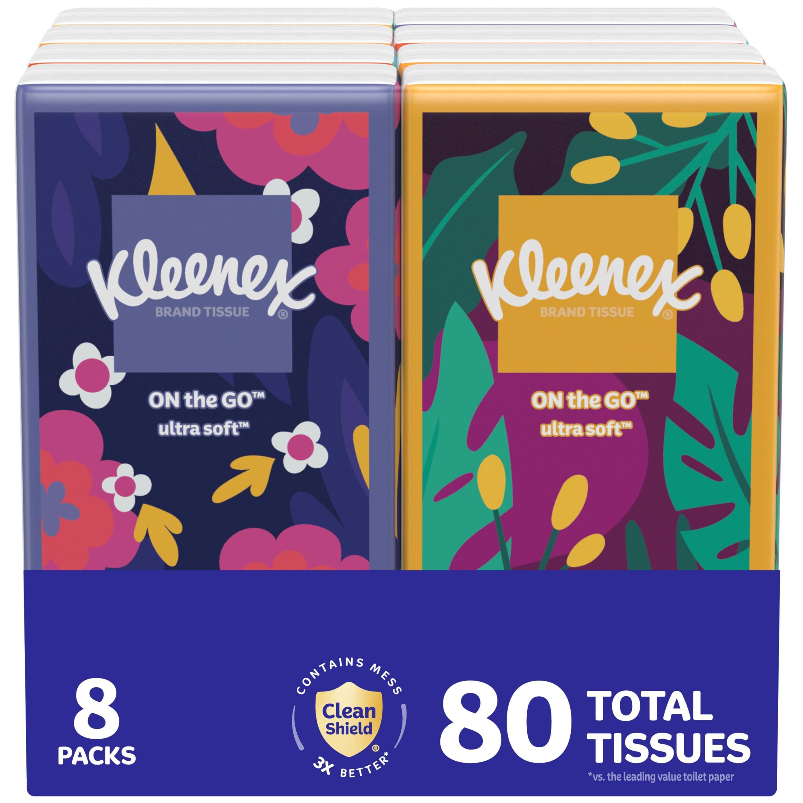 Kleenex On-The-Go Facial Tissues, 8 On-The-Go Packs, 10 Tissues per Box, 3-Ply (80 Total Tissues), Packaging May Vary