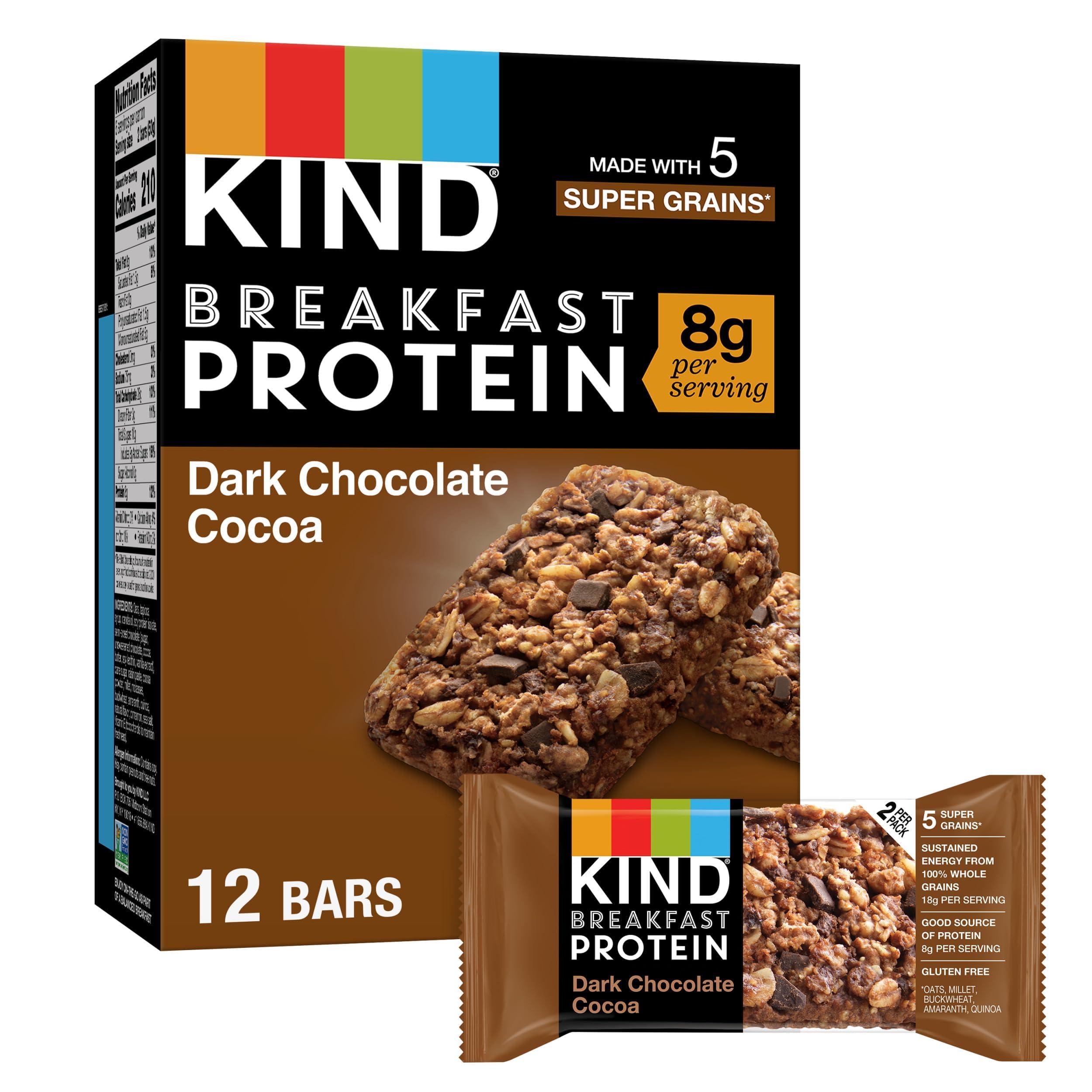 KIND Breakfast Protein Bars, Dark Chocolate Cocoa, Healthy Snacks, Gluten Free, 8g Protein, 6 Count