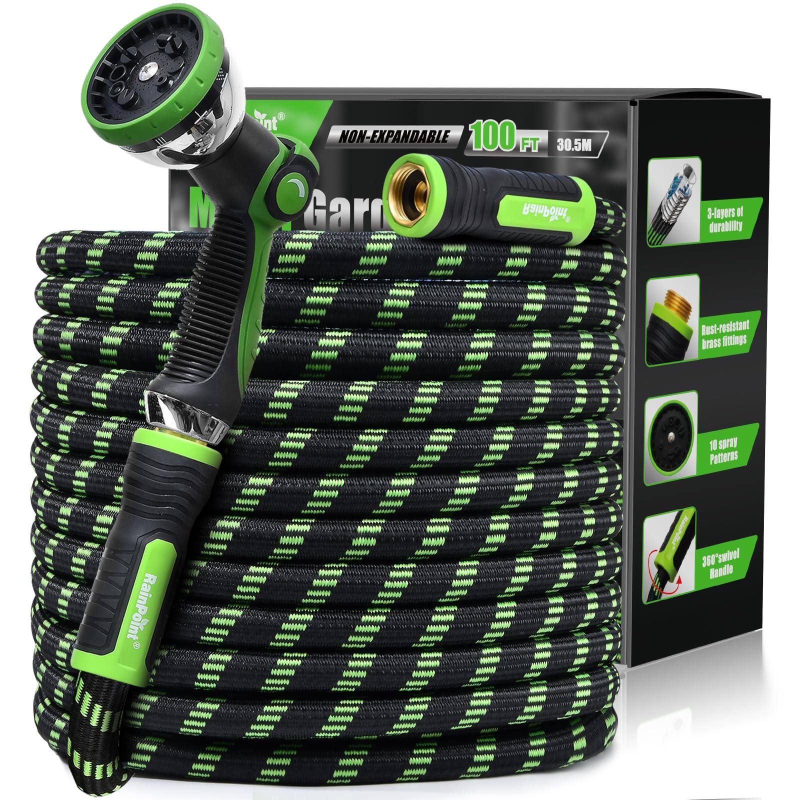 RAINPOINT Metal Garden Hoses for Yard 100 ft - No-kink 304 Water Hose 100ft with 10 mode Nozzle - Brass Connection, Swivel Handle, Flexible Hose,Lightweight, Puncture
