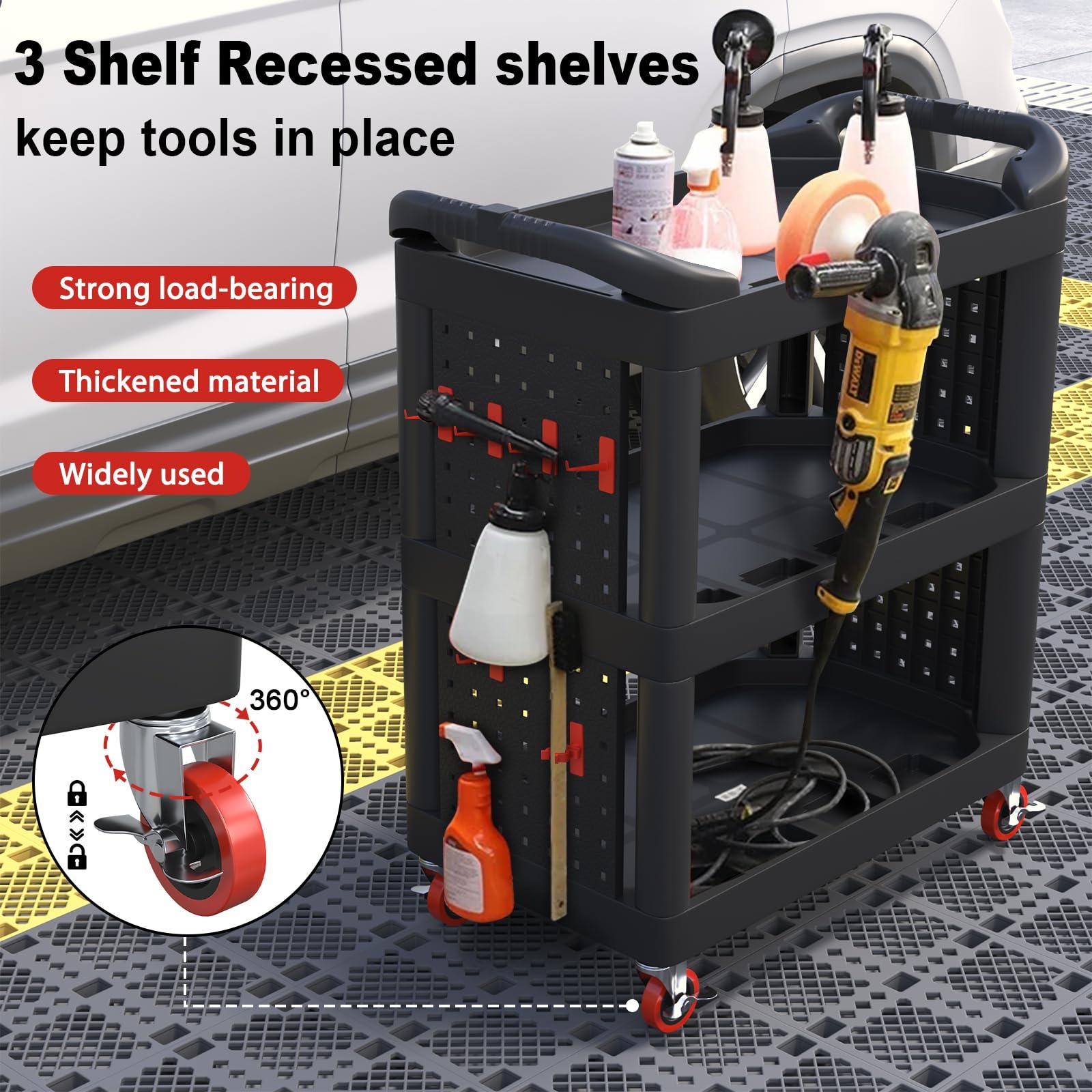 Wanmwill 3 Tier Car Detailing Cart, Auto Detail Cart with Wheels, Car Wash Detail Trolley with Side Hanging Plate & Hooks, Detailing Tool Organizer Cart for Mechanics & Detailers（Black） - Image 4