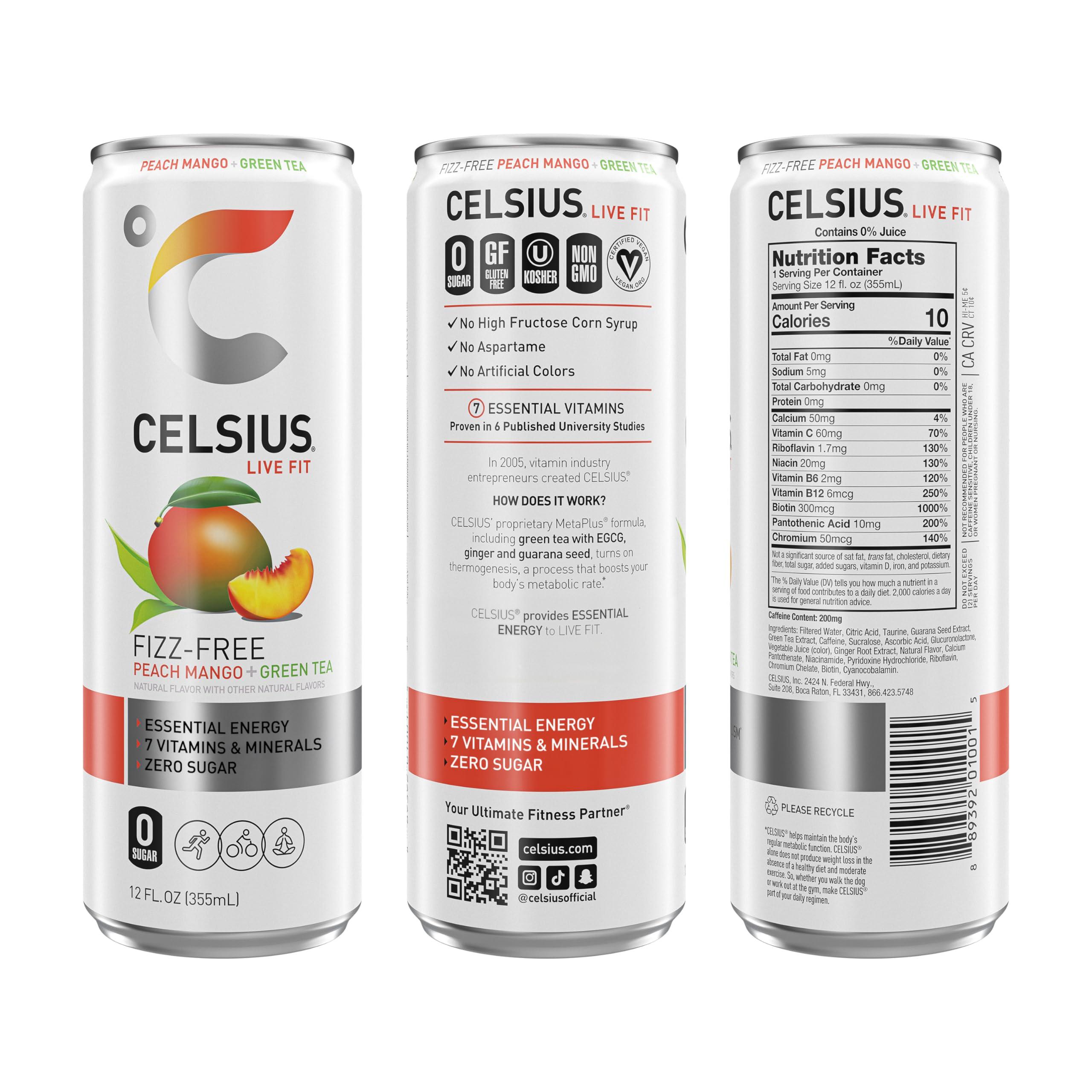 CELSIUS Peach Mango Green Tea, Functional Essential Energy Drink 12 Fl Oz (Pack of 12) - Image 3