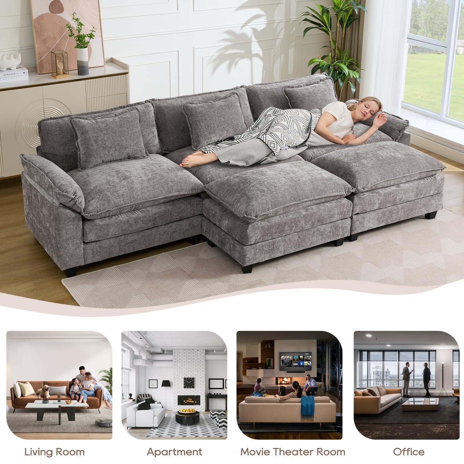 IPKIG 117" Sectional Sofa Cloud Couch, Modern Chenille U-Shaped Couch Comfy Upholstered 3-Seat Sofa with 2 Ottoman, 3 Lumbar Pillow, Deep Seat Modular Sofa for Living Room, Apartment, Studio - Image 7