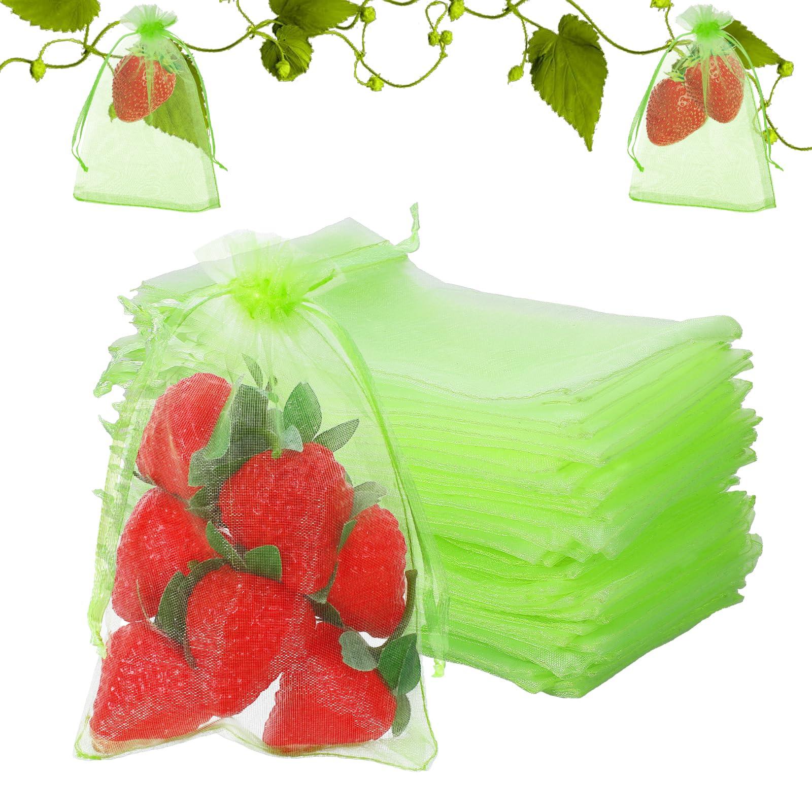 100 Pcs Fruit Protection Bags 4x6 Inch Green Strawberry Netting Cover Drawstring Mesh Bags Fruits Protectors Pest Barrier for Tomato Mango Blueberry Fruits Trees Veggies Garden Small Fruit