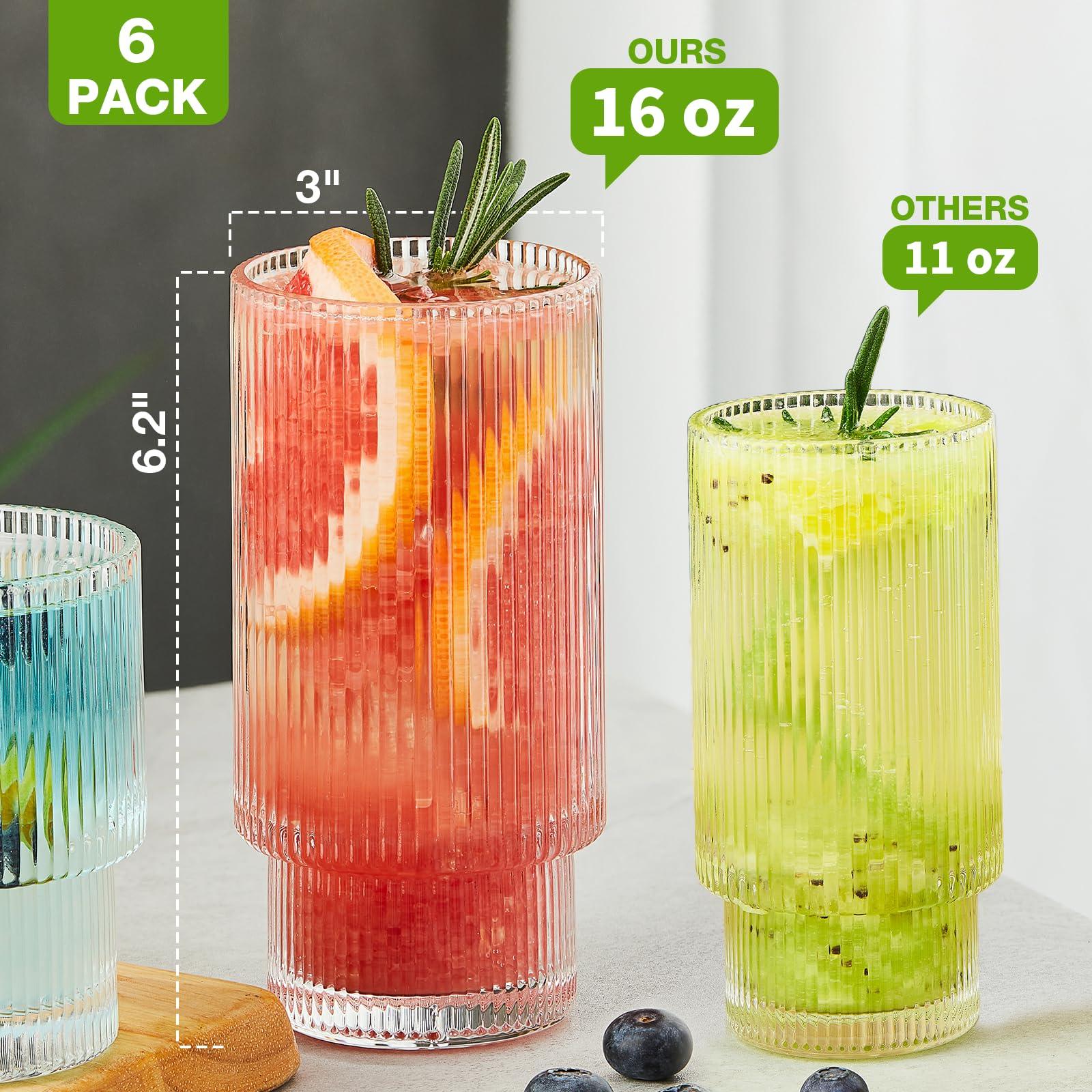 Qipecedm 6 Pack Ribbed Drinking Glasses, 16 oz Vintage Glass Cups, Highball Glasses, Premium Iced Coffee Glasses, Clear Glass Tumbler, Cocktail Glasses, Elegant Glassware for Water Juice Whiskey Beer - Image 3