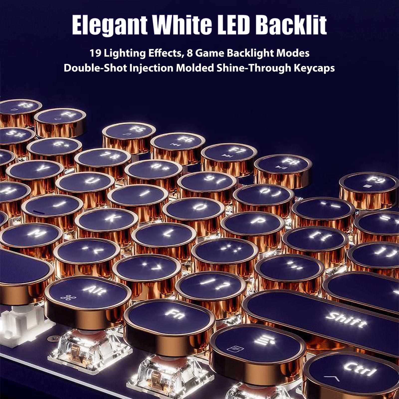 TISHLED Typewriter Style Mechanical Gaming Keyboard White LED Backlit 104-Key NKRO Pink Switches Retro Round Keycaps Golden Ring Volume Knob Metal Panel Wired USB-C Detachable Cable, Purple - Image 3