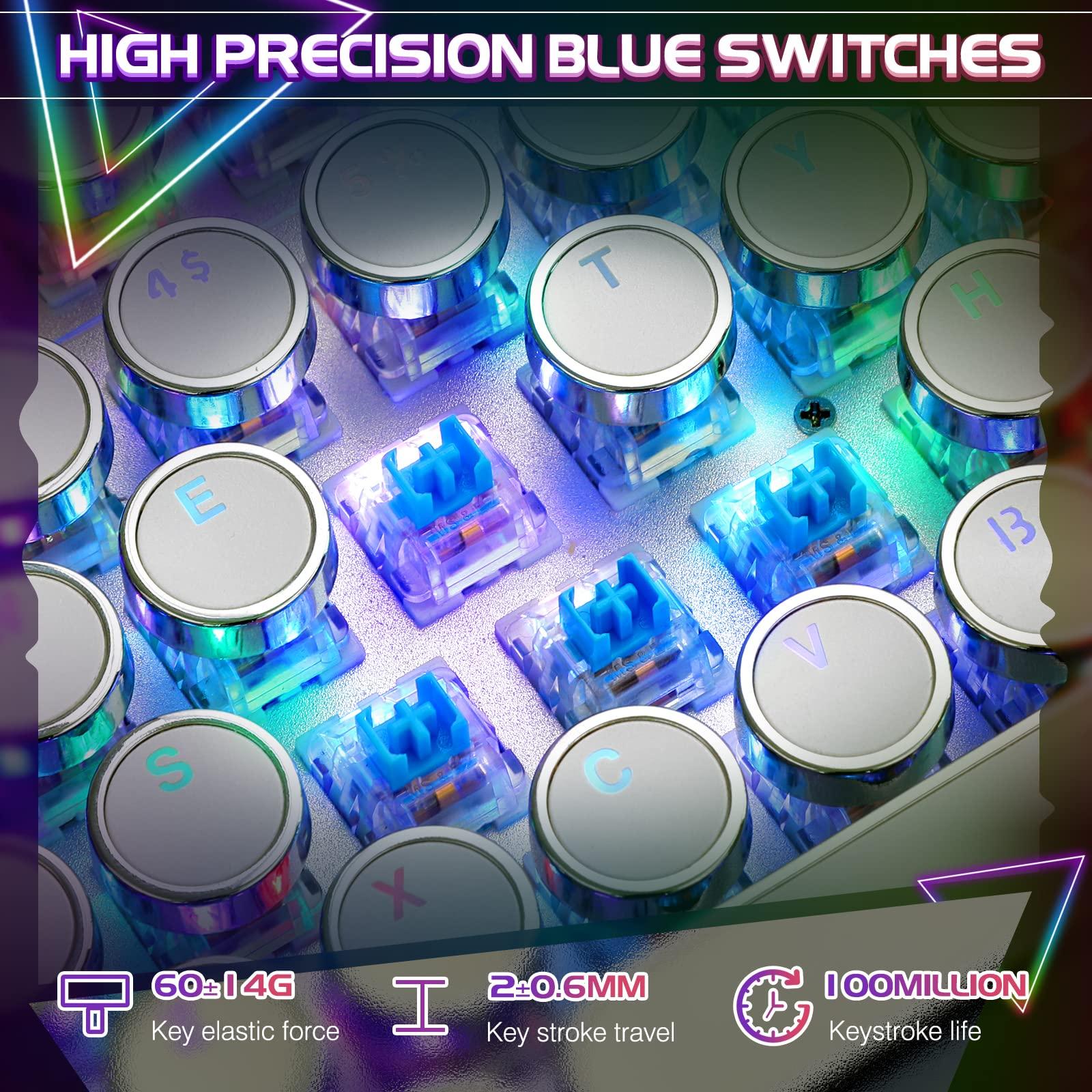 YSCP Typewriter Style Mechanical Gaming Keyboard RGB Backlit Wired with Blue Switch Retro Round Keycap 104 Keys Keyboard (White 104 Keys RGB) - Image 3