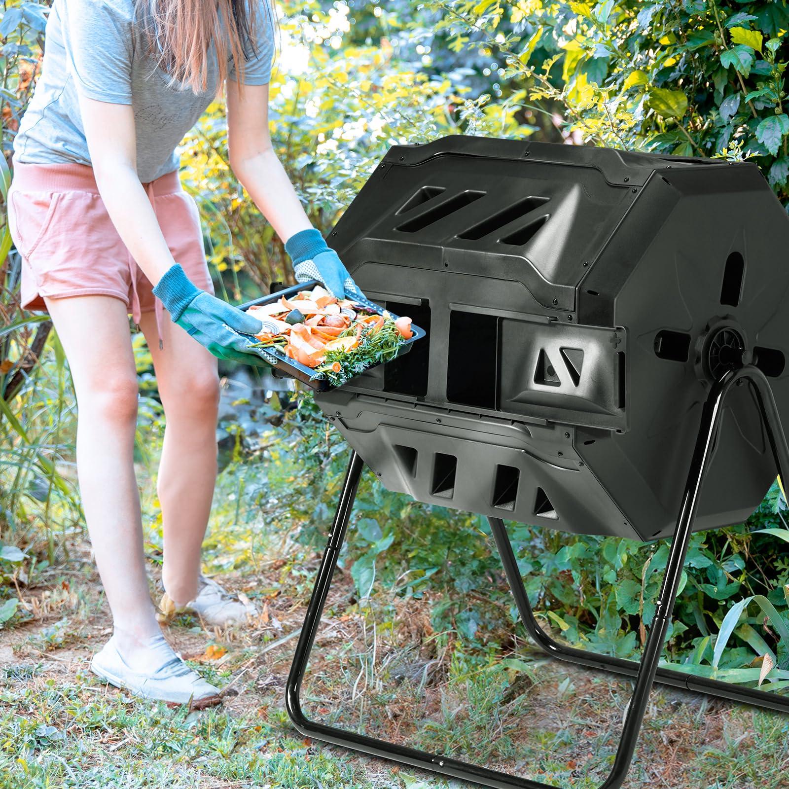 Outvita Compost Bin Outdoor, 43 Gallon Dual Chamber Tumbling or Rotating Composting Bin with Sliding Doors, Tumbler Rotating Batch Composter Bin for Garden Kitchen Yard - Image 2