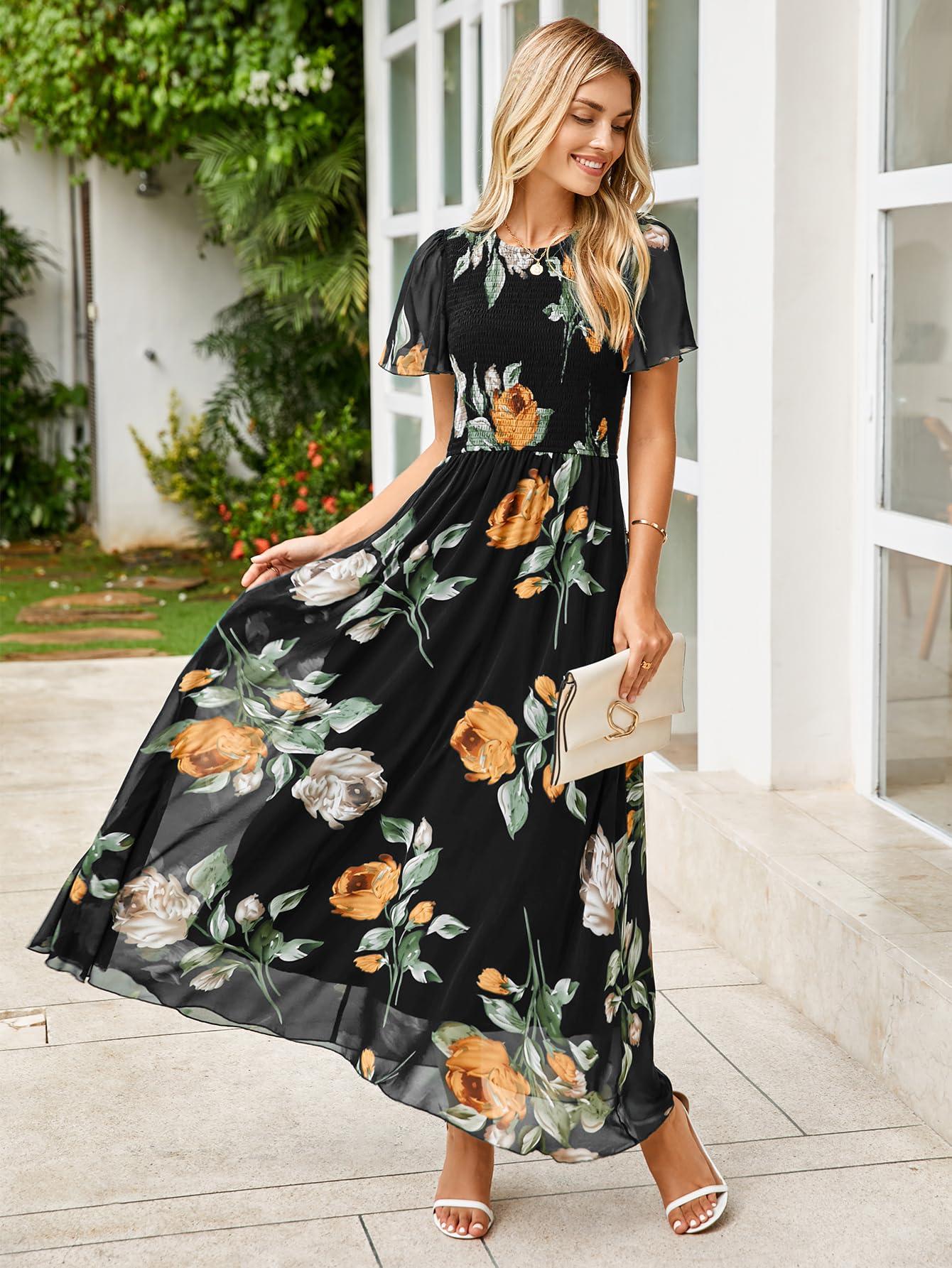 Simplee Womens Summer Floral Casual Maxi Dresses Flutter Short Sleeve Crew Neck Smocked Chiffon Boho Flowy Dress - Image 2