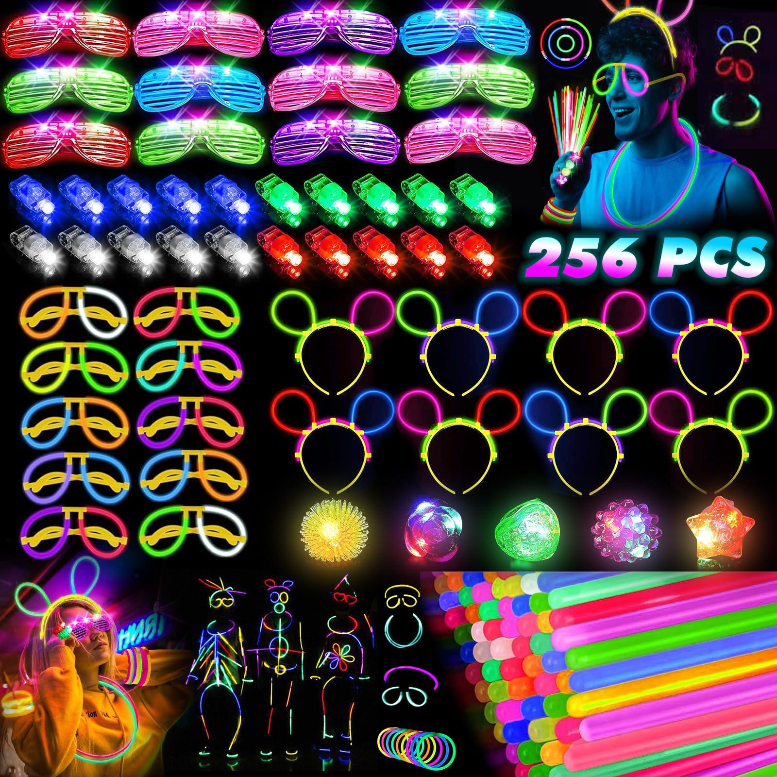 HONLYNE Glow in the Dark Supplies for Kids Adults, Light Up Party Favors, 56 LED Light Up Toys, 100 Glow Sticks Bulk Party Pack DIY Glasses Headbands Necklaces for Neon Party Supplies & Decorations