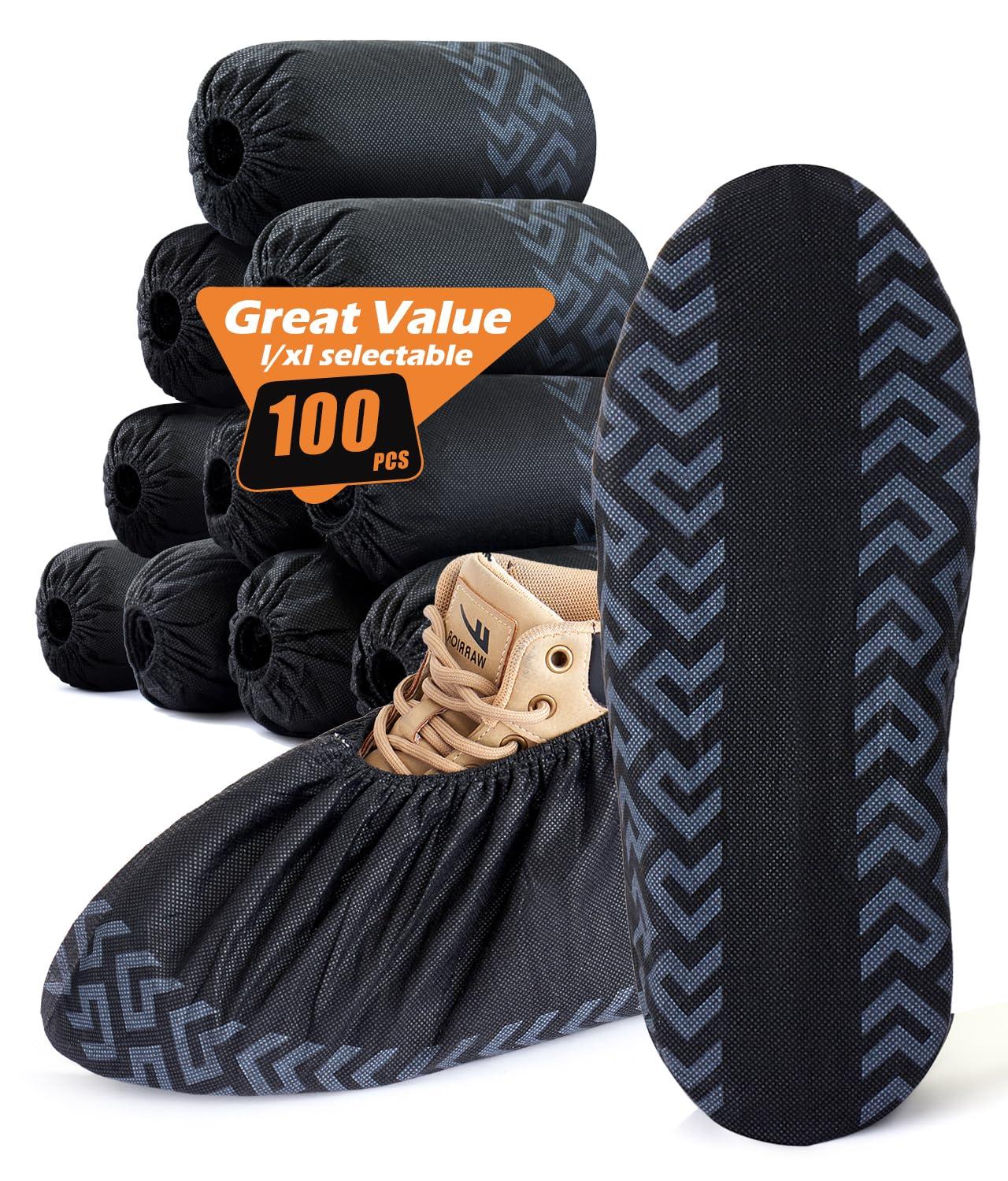 100 Pcs Shoe Covers Disposable Non-Slip,Shoe Covers for Indoors Reusable,Slip-resistant, Durable, Breathable, Non-toxic,Booties for Shoes Covers,Stretchable Fits Up To13 US Men,Black-XL