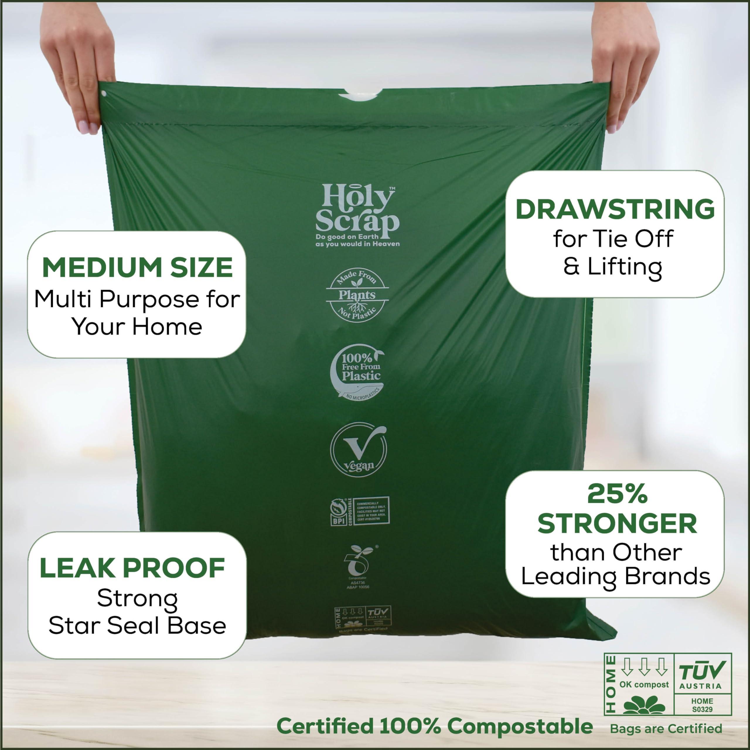 HOLY SCRAP! Medium Compostable Drawstring Trash Bags - 6-8 Gallon, 45 Pack | Plastic-Free Kitchen & Bathroom Garbage Bags with Drawstring Handles | Thick Bin Bag Liners for Green & Food Waste - Image 3